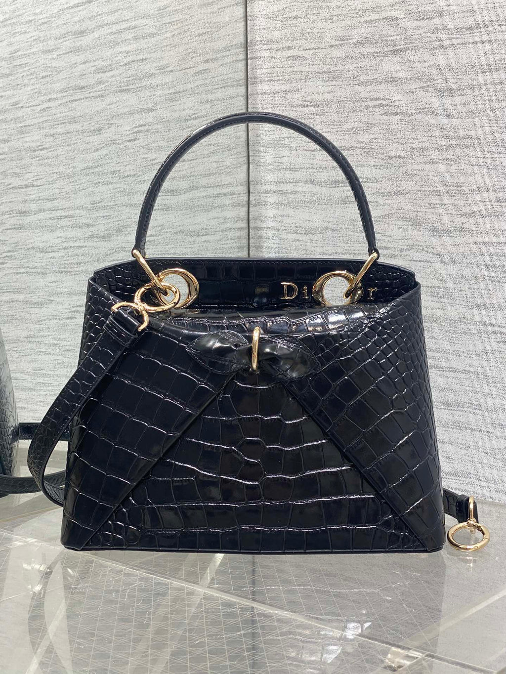 Dior 2025 Crocodile Pattern Bag 28cm Black Leather 272521