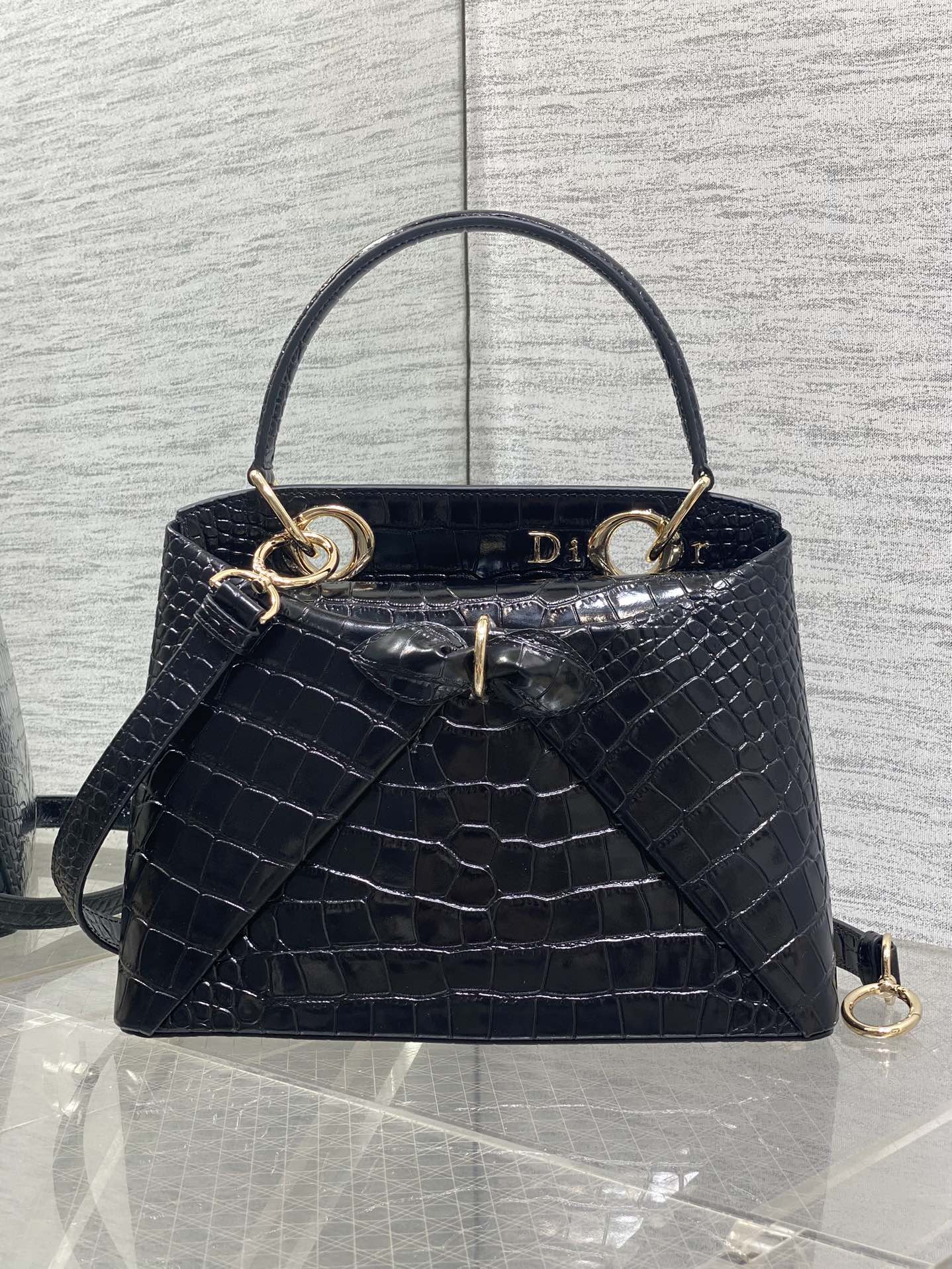 Dior 2025 Crocodile Pattern Bag 28cm Black Leather 272521