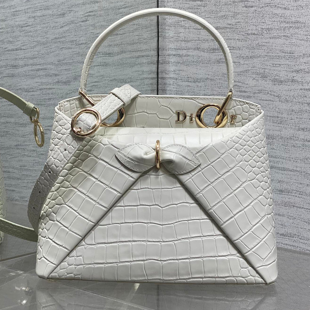 Dior 2025 Crocodile Pattern Bag 28cm White Leather 272525