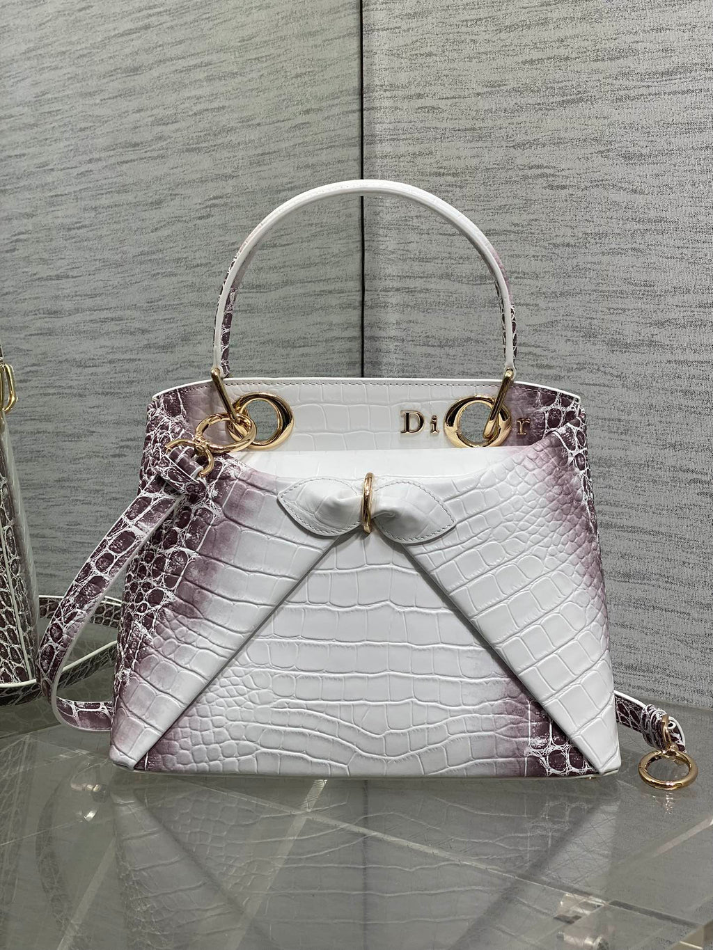 Dior 2025 Crocodile Pattern Bag 28cm White Purple Leather 272527