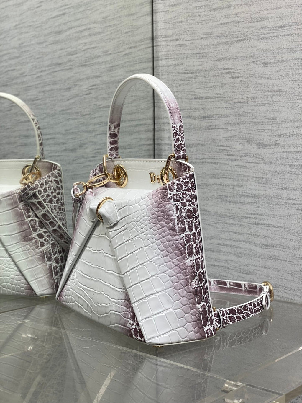 Dior 2025 Crocodile Pattern Bag 28cm White Purple Leather 272527