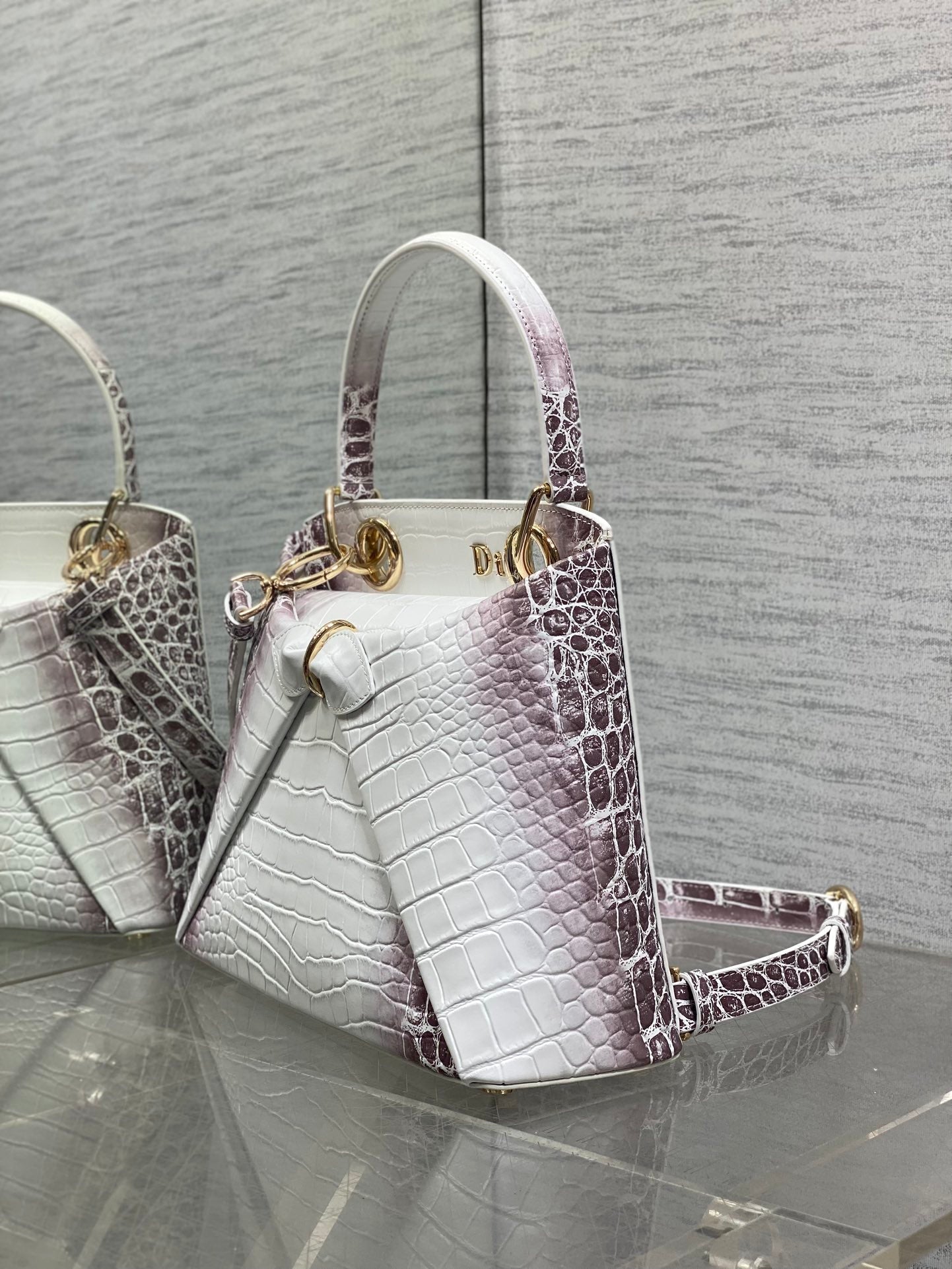 Dior 2025 Crocodile Pattern Bag 28cm White Purple Leather 272527
