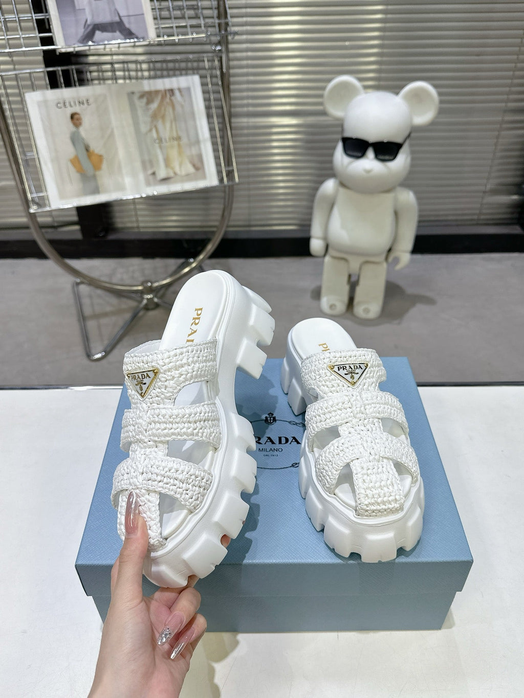 Prada Monolith Sandals 55mm White Raffia Cowhide 564335