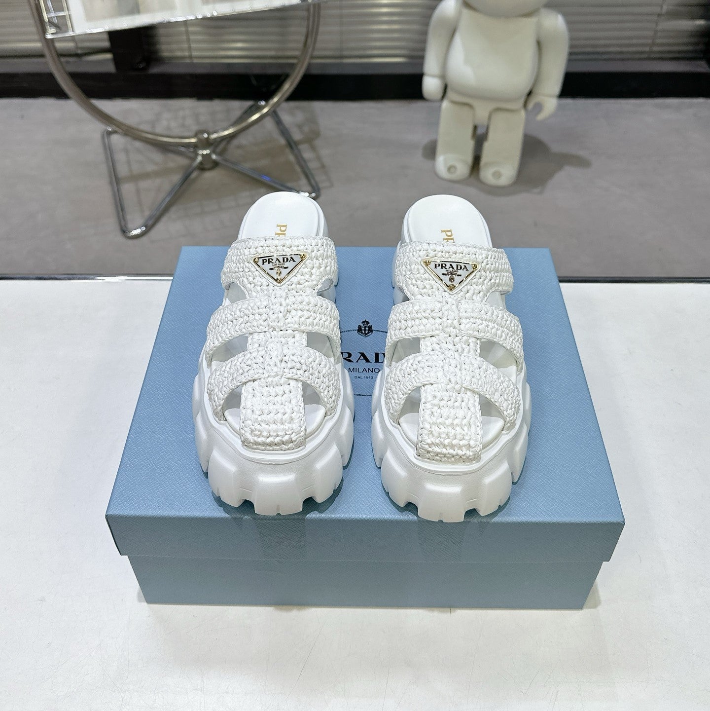 Prada Monolith Sandals 55mm White Raffia Cowhide 564335