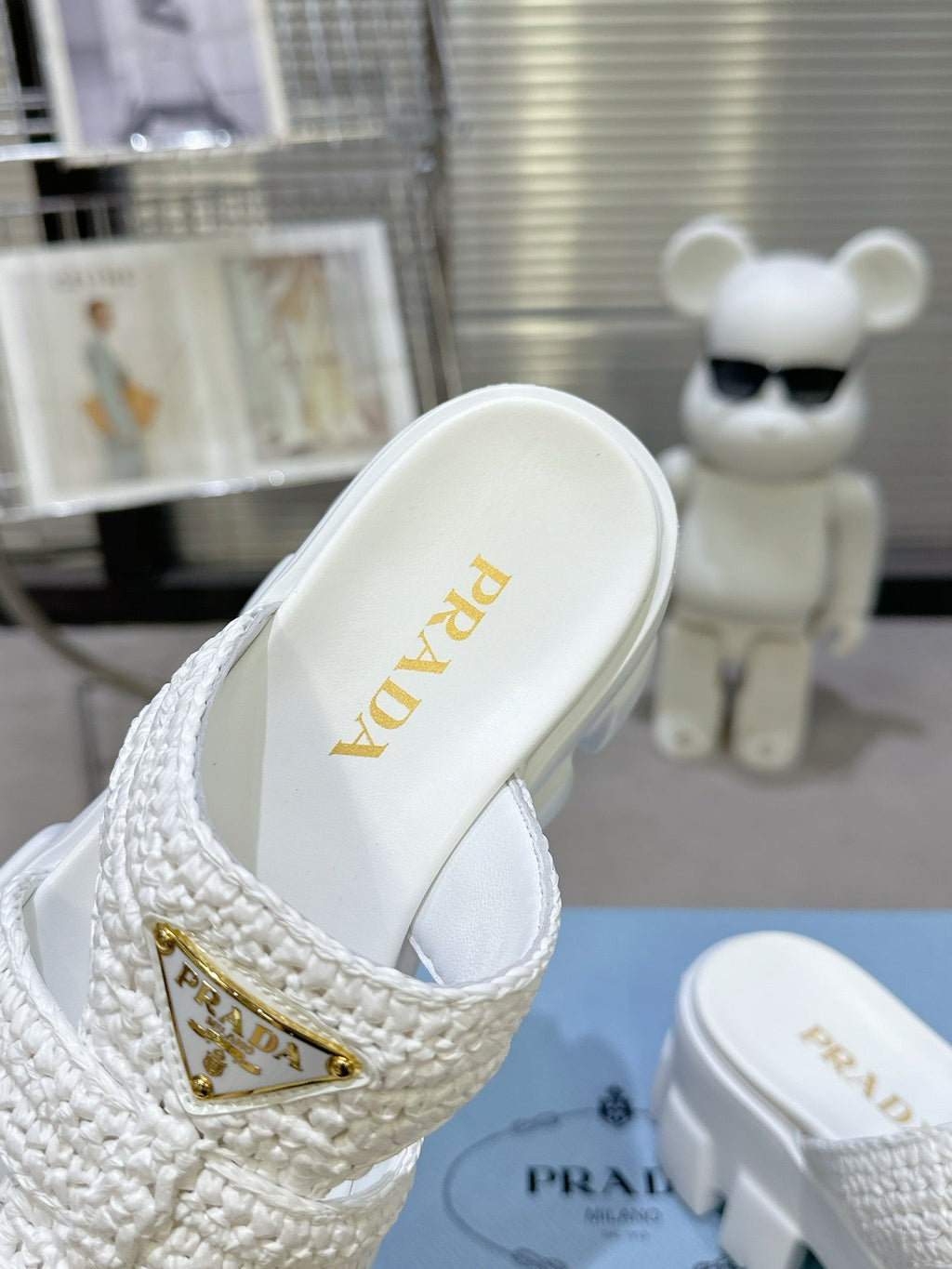 Prada Monolith Sandals 55mm White Raffia Cowhide 564335