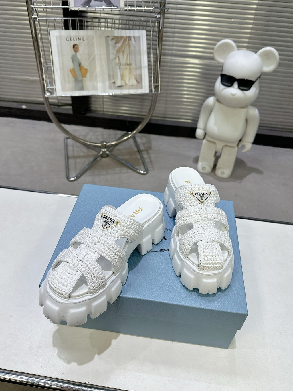 Prada Monolith Sandals 55mm White Raffia Cowhide 564335