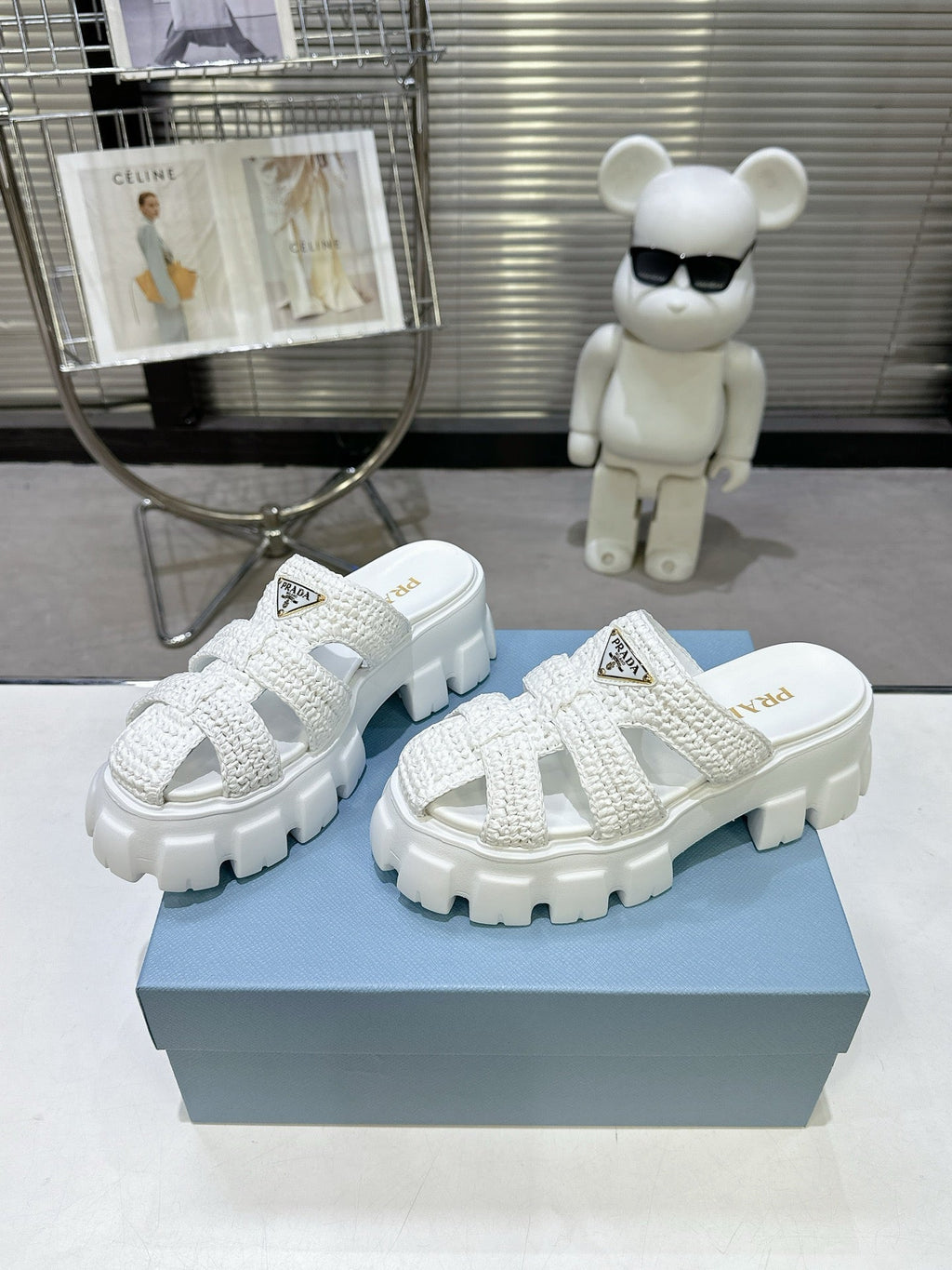 Prada Monolith Sandals 55mm White Raffia Cowhide 564335