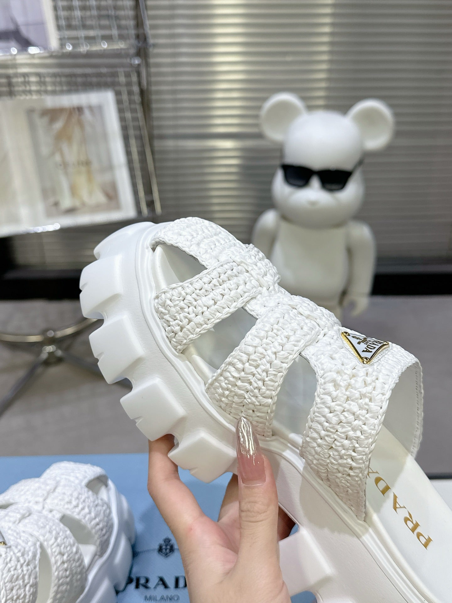 Prada Monolith Sandals 55mm White Raffia Cowhide 564335