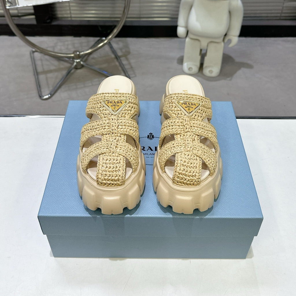 Prada Monolith Sandals 55mm Beige Raffia Cowhide 564336