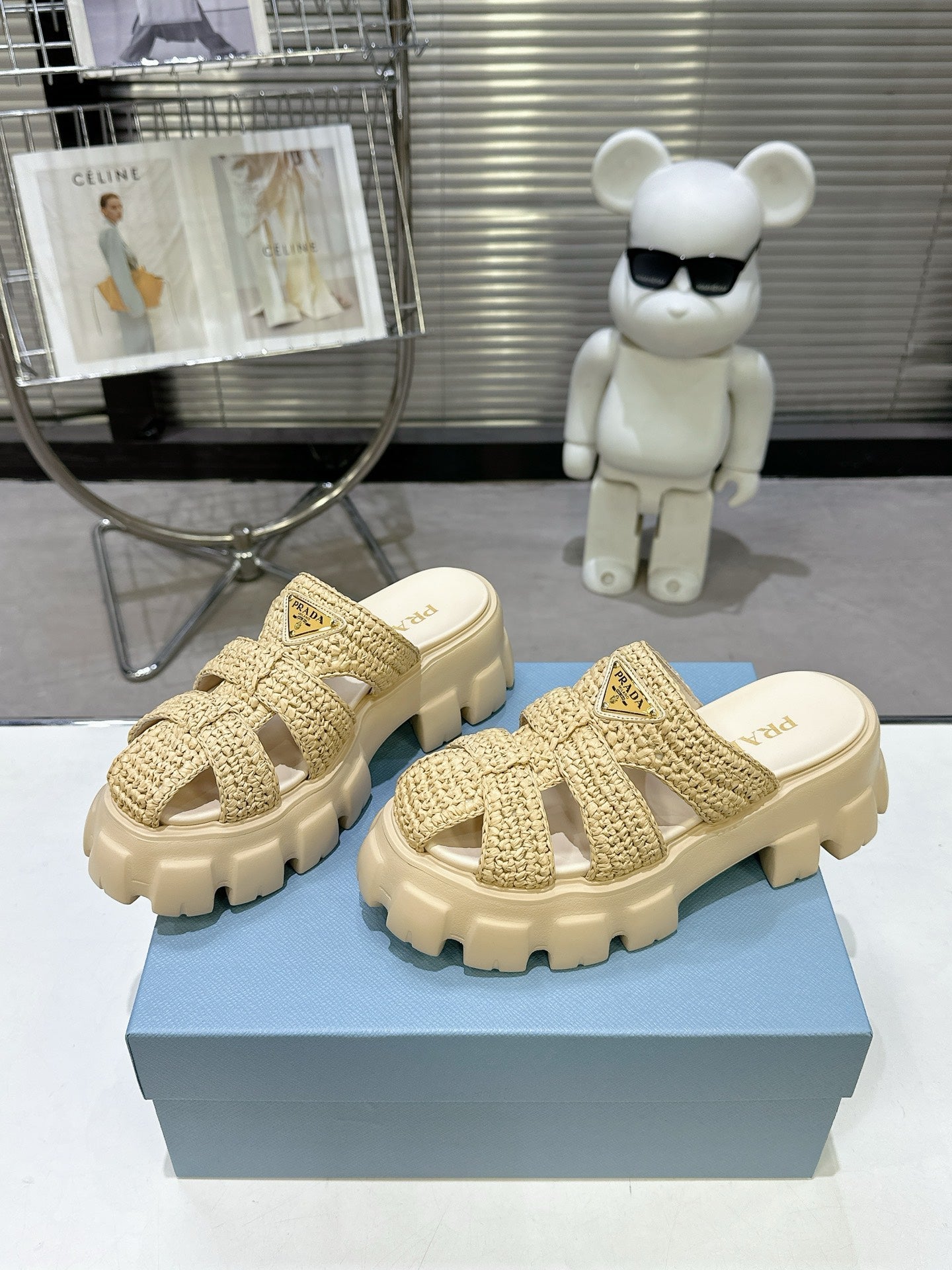 Prada Monolith Sandals 55mm Beige Raffia Cowhide 564336