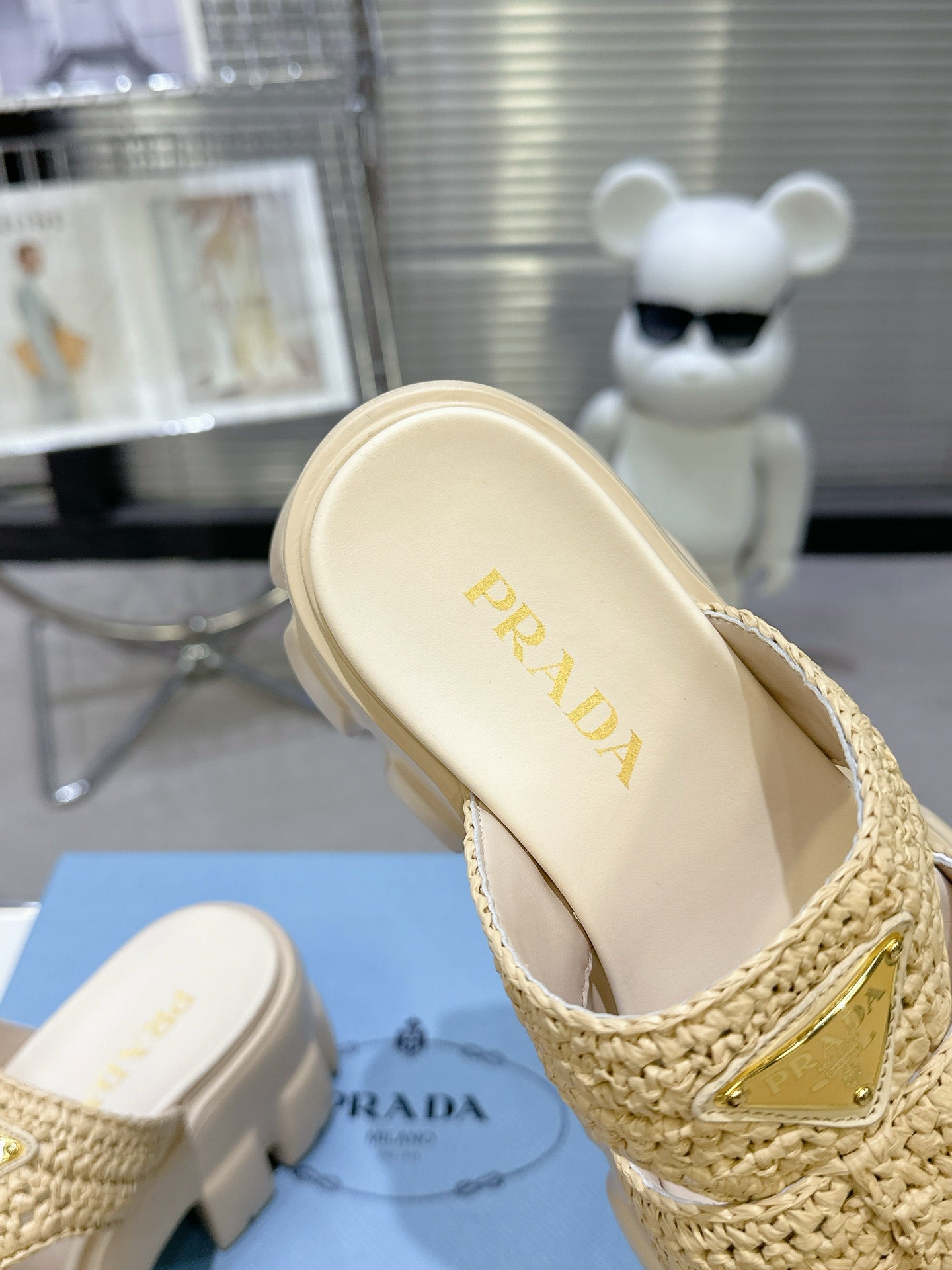 Prada Monolith Sandals 55mm Beige Raffia Cowhide 564336