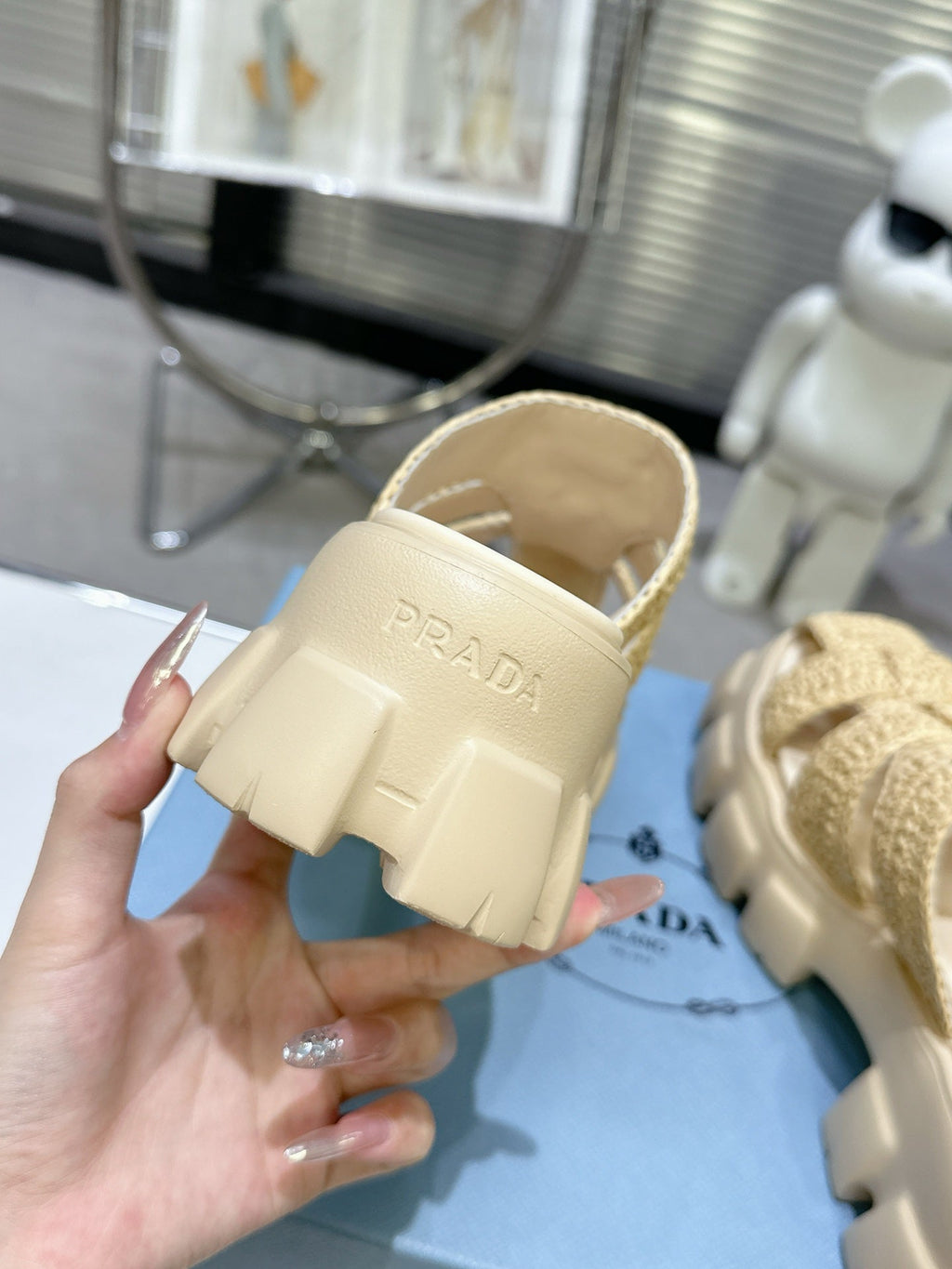 Prada Monolith Sandals 55mm Beige Raffia Cowhide 564336