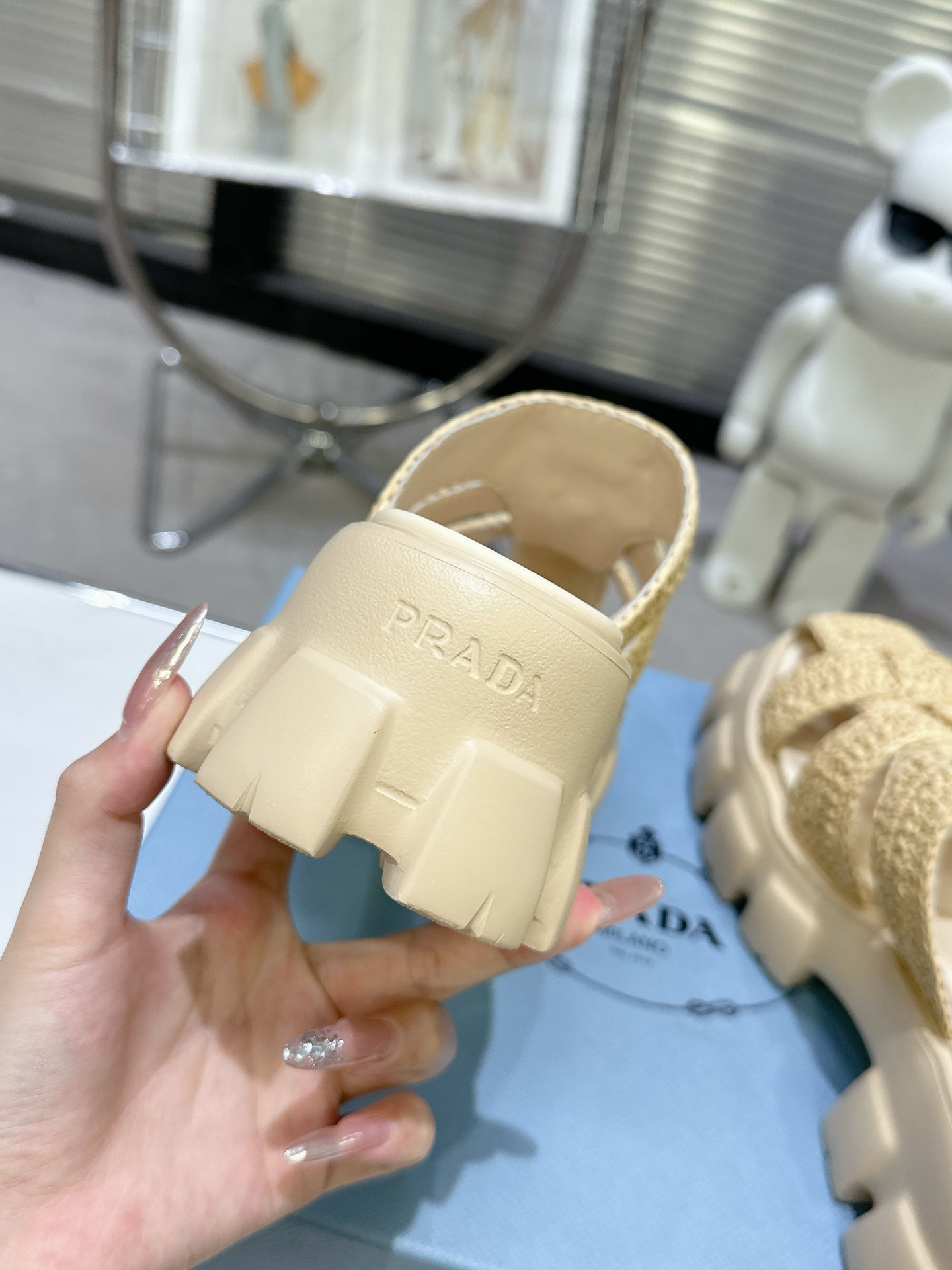 Prada Monolith Sandals 55mm Beige Raffia Cowhide 564336