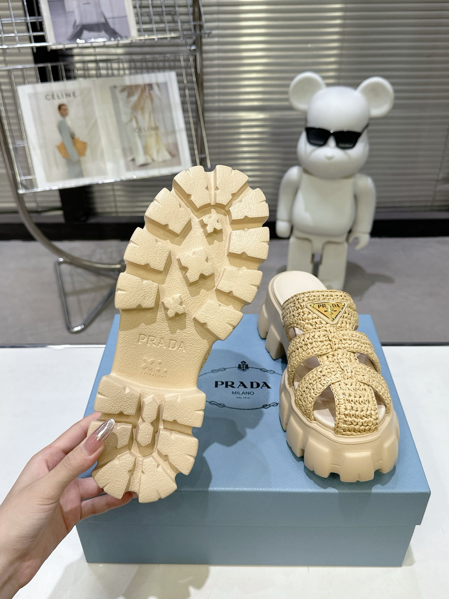 Prada Monolith Sandals 55mm Beige Raffia Cowhide 564336