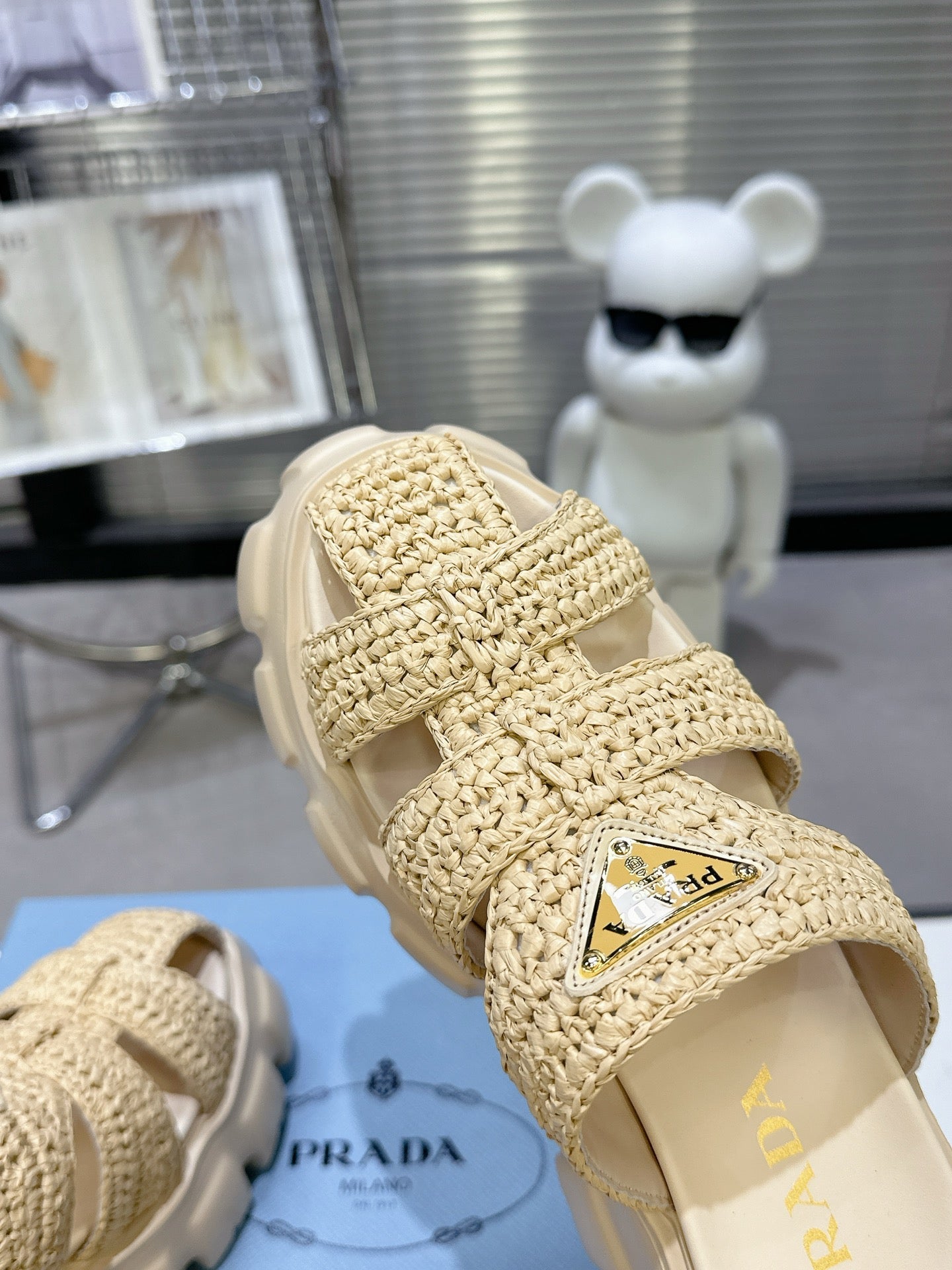 Prada Monolith Sandals 55mm Beige Raffia Cowhide 564336