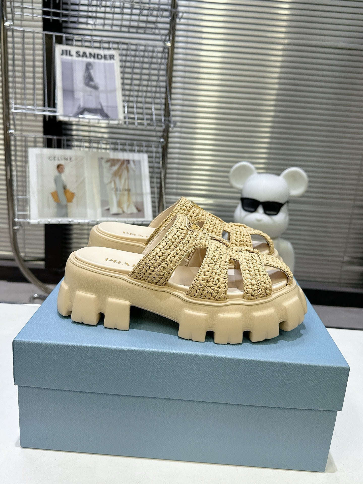 Prada Monolith Sandals 55mm Beige Raffia Cowhide 564336