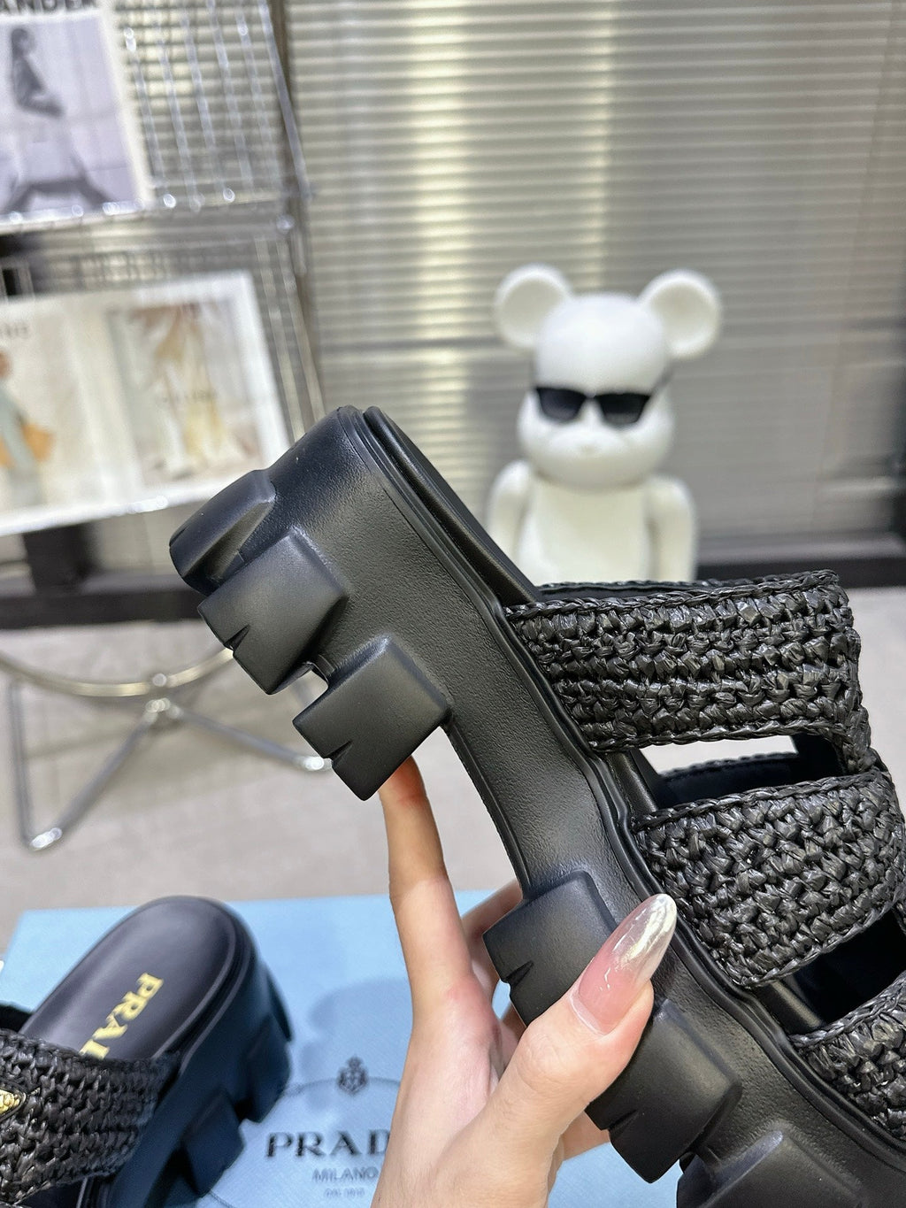 Prada Monolith Sandals 55mm Black Raffia Cowhide