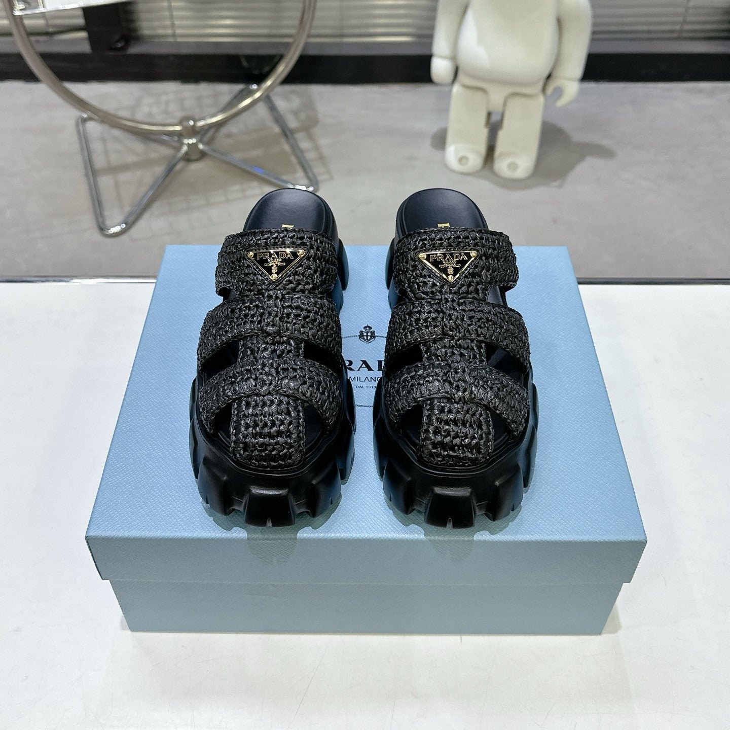 Prada Monolith Sandals 55mm Black Raffia Cowhide