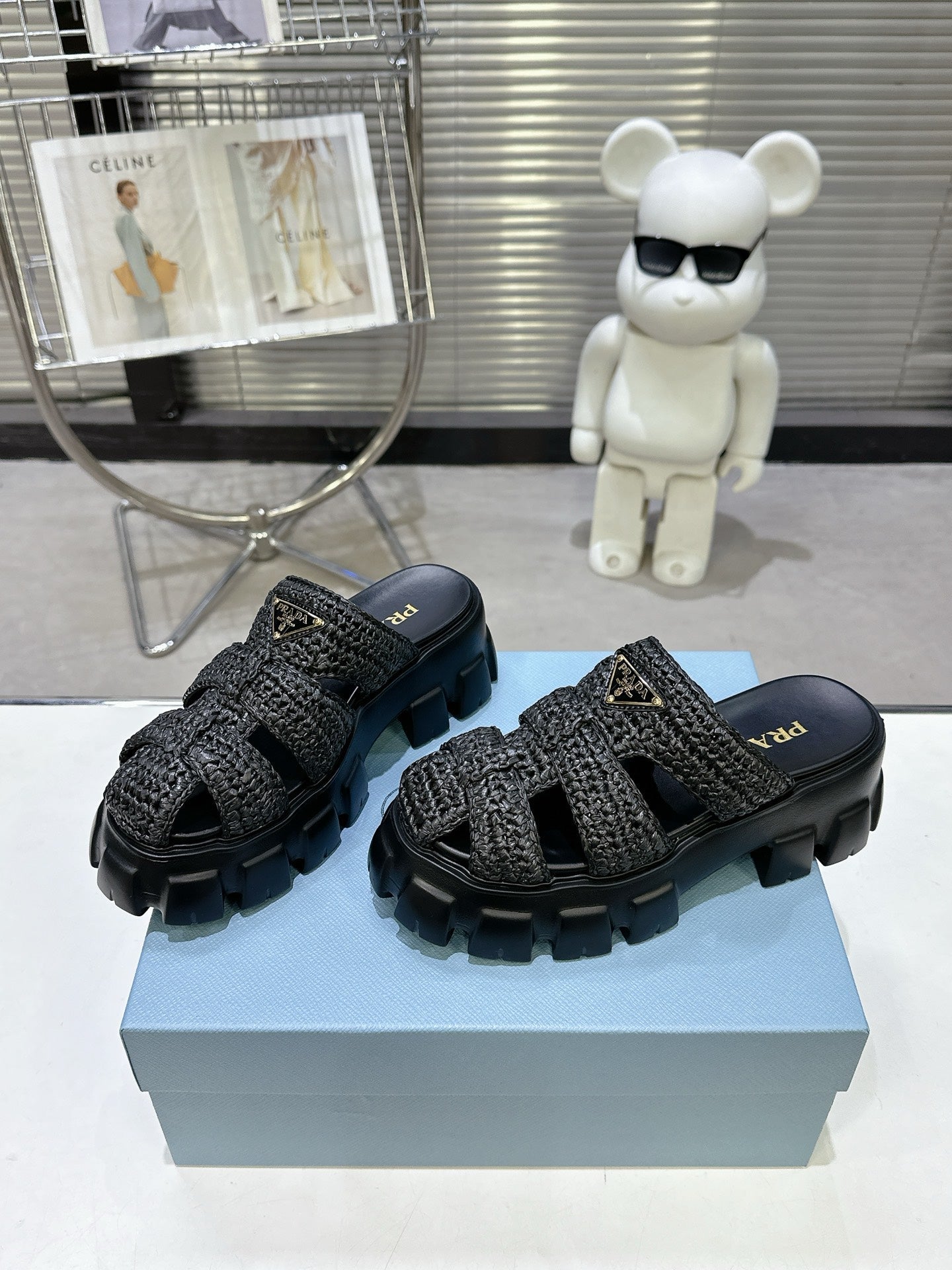 Prada Monolith Sandals 55mm Black Raffia Cowhide