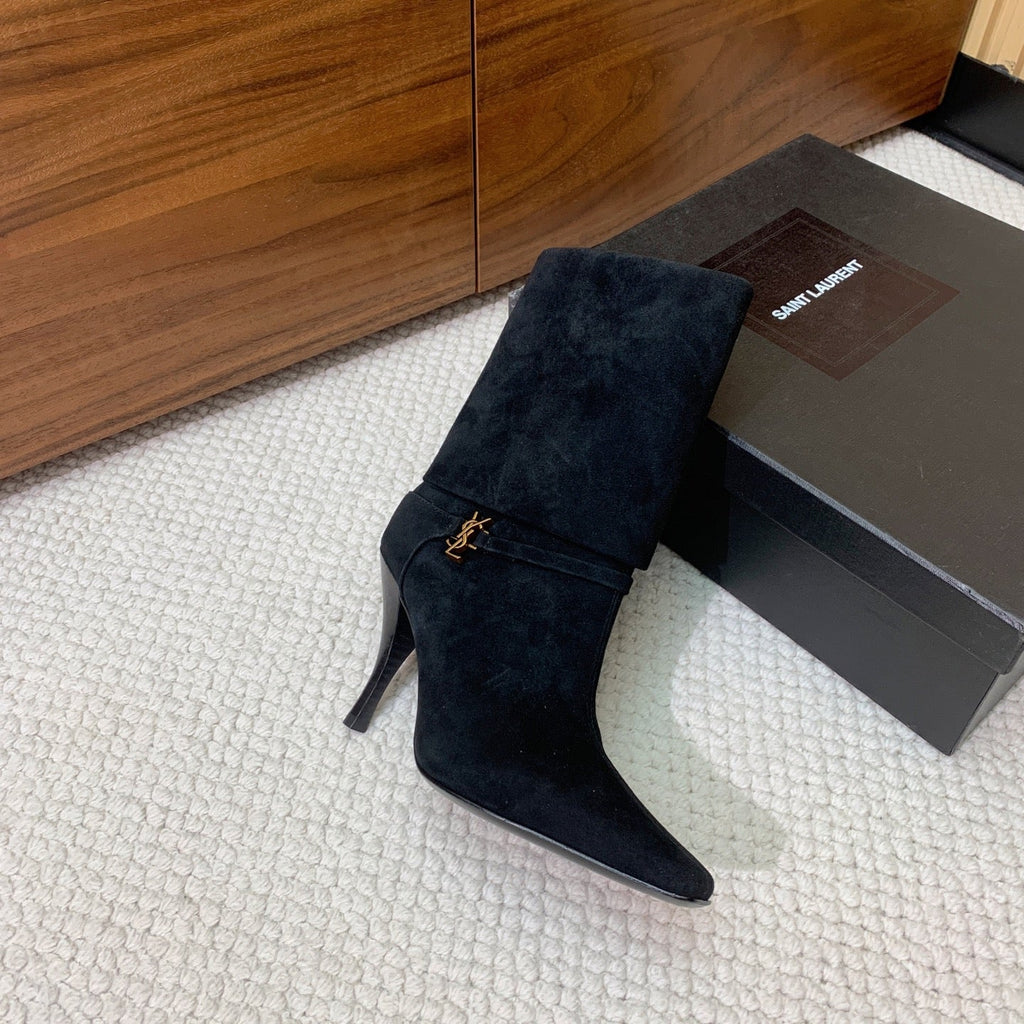 YSL 2025 High-heeled Ankle Boot Black Suede 574076