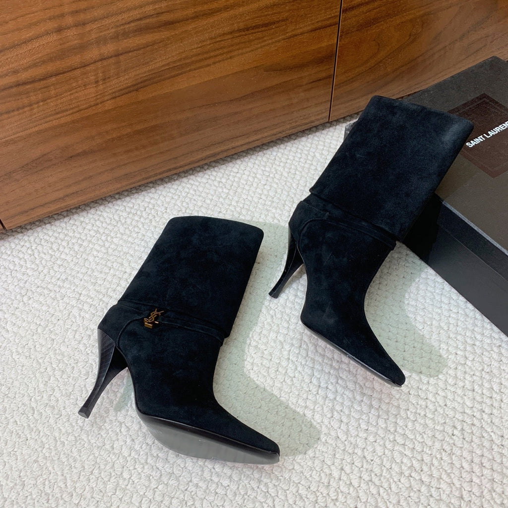 YSL 2025 High-heeled Ankle Boot Black Suede 574076