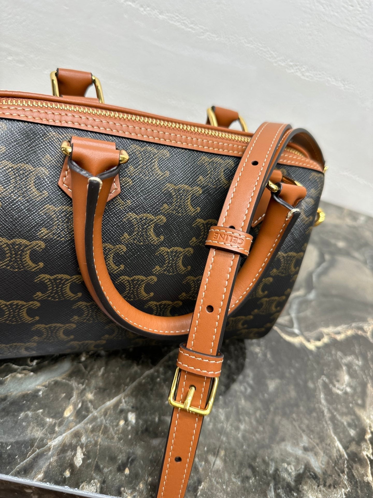 Celine Small Boston Bag In The Triomphe Canvas And Tan Calfskin