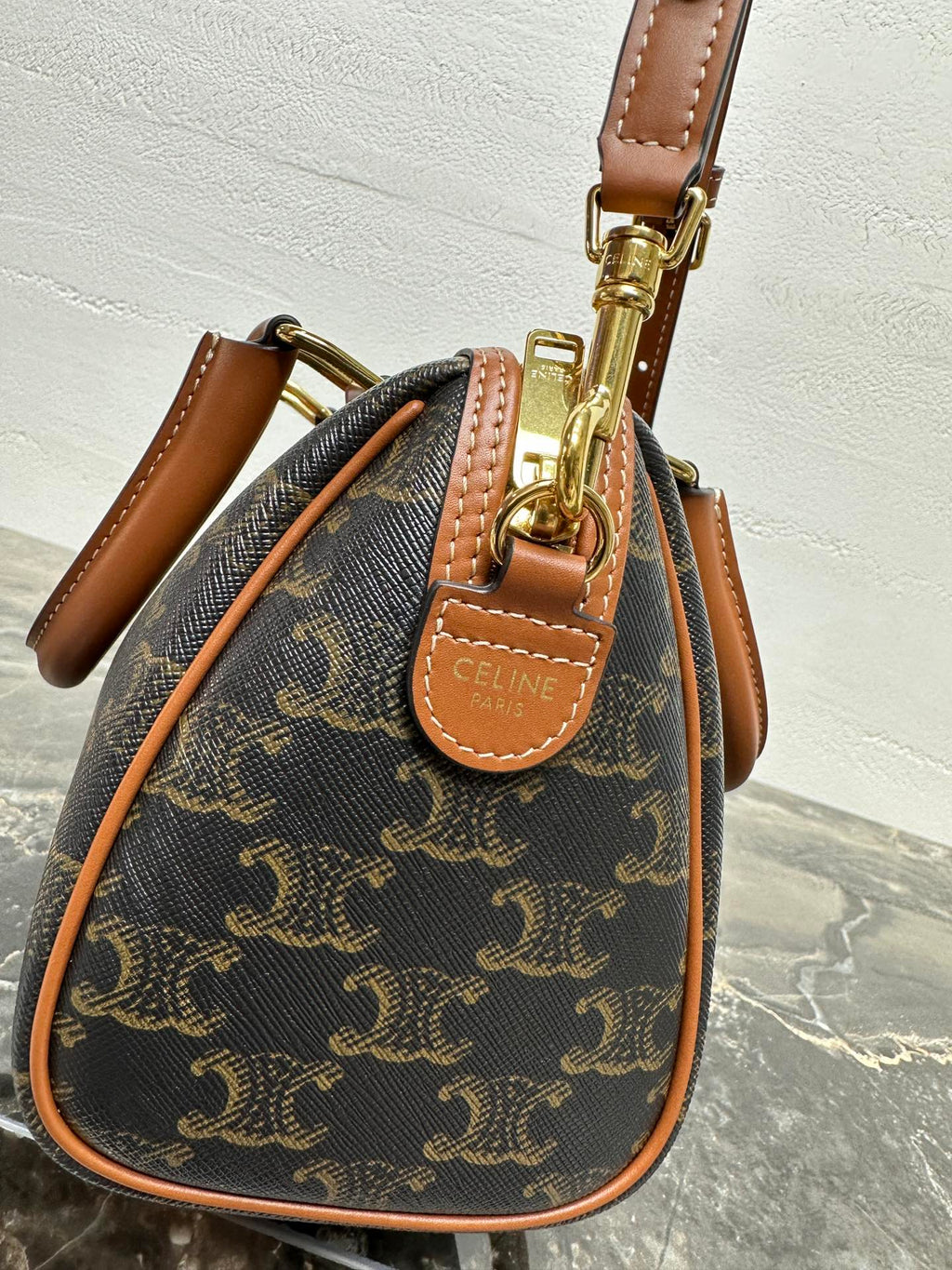 Celine Small Boston Bag In The Triomphe Canvas And Tan Calfskin