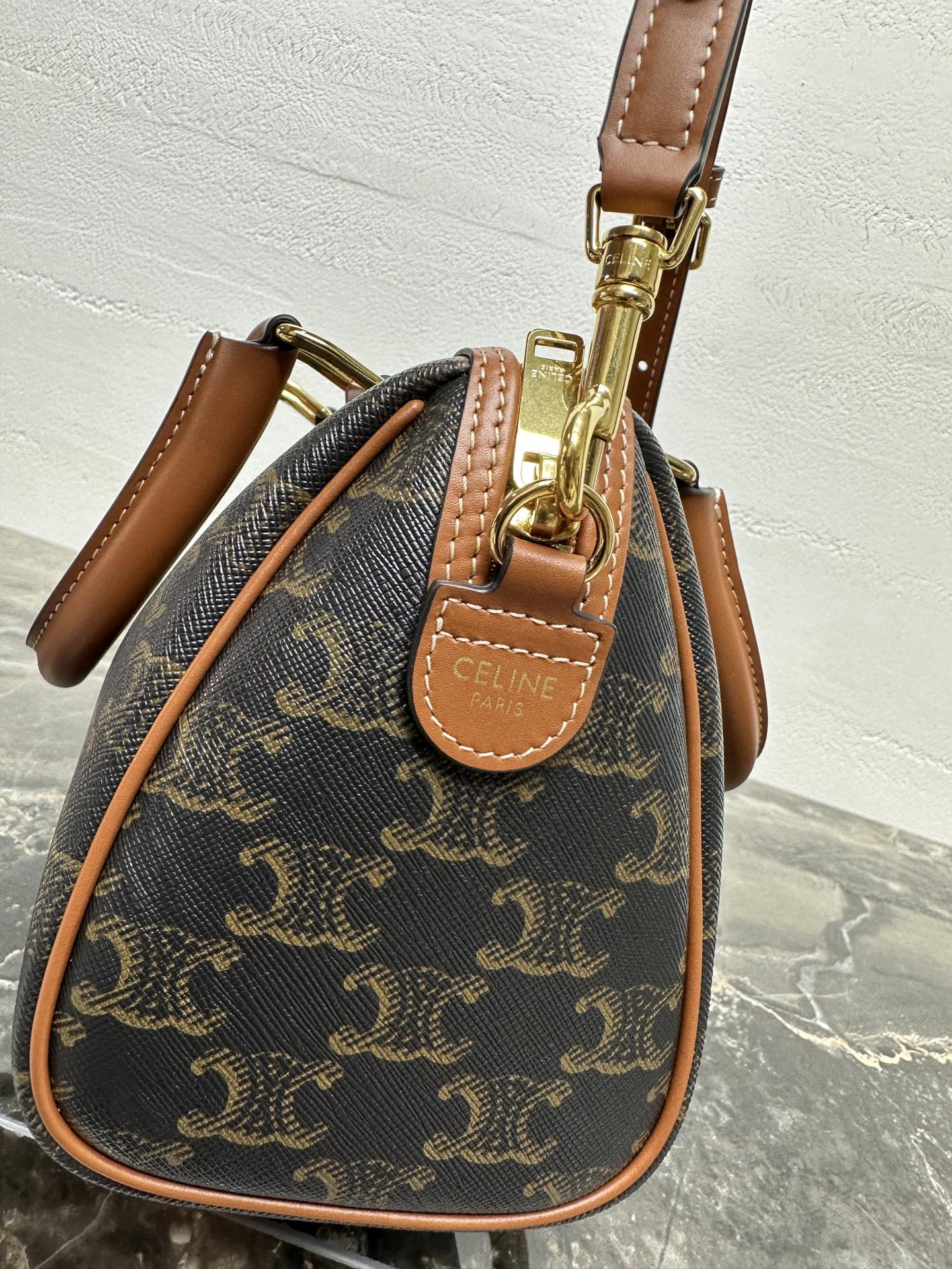 Celine Small Boston Bag In The Triomphe Canvas And Tan Calfskin