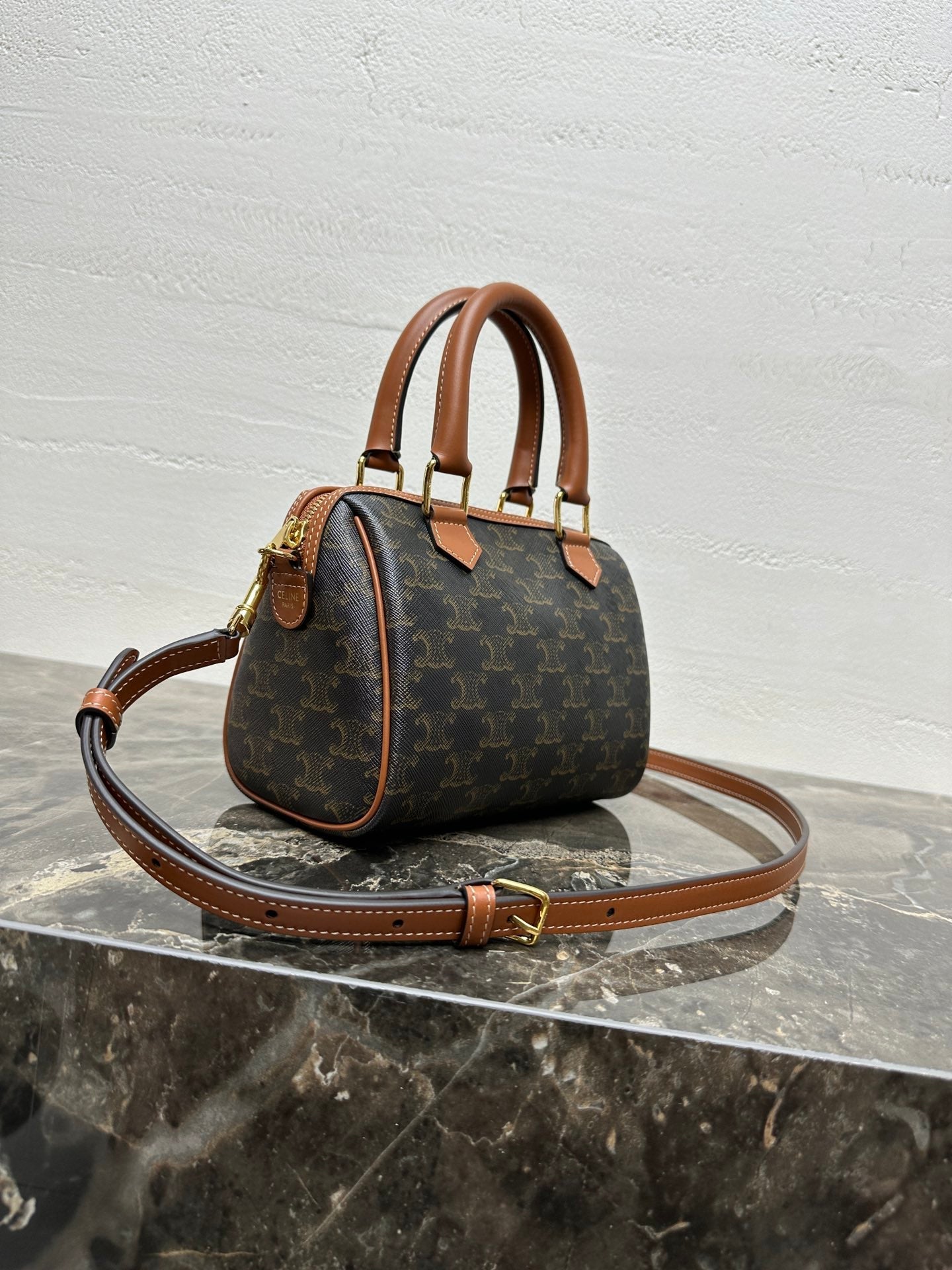 Celine Small Boston Bag In The Triomphe Canvas And Tan Calfskin