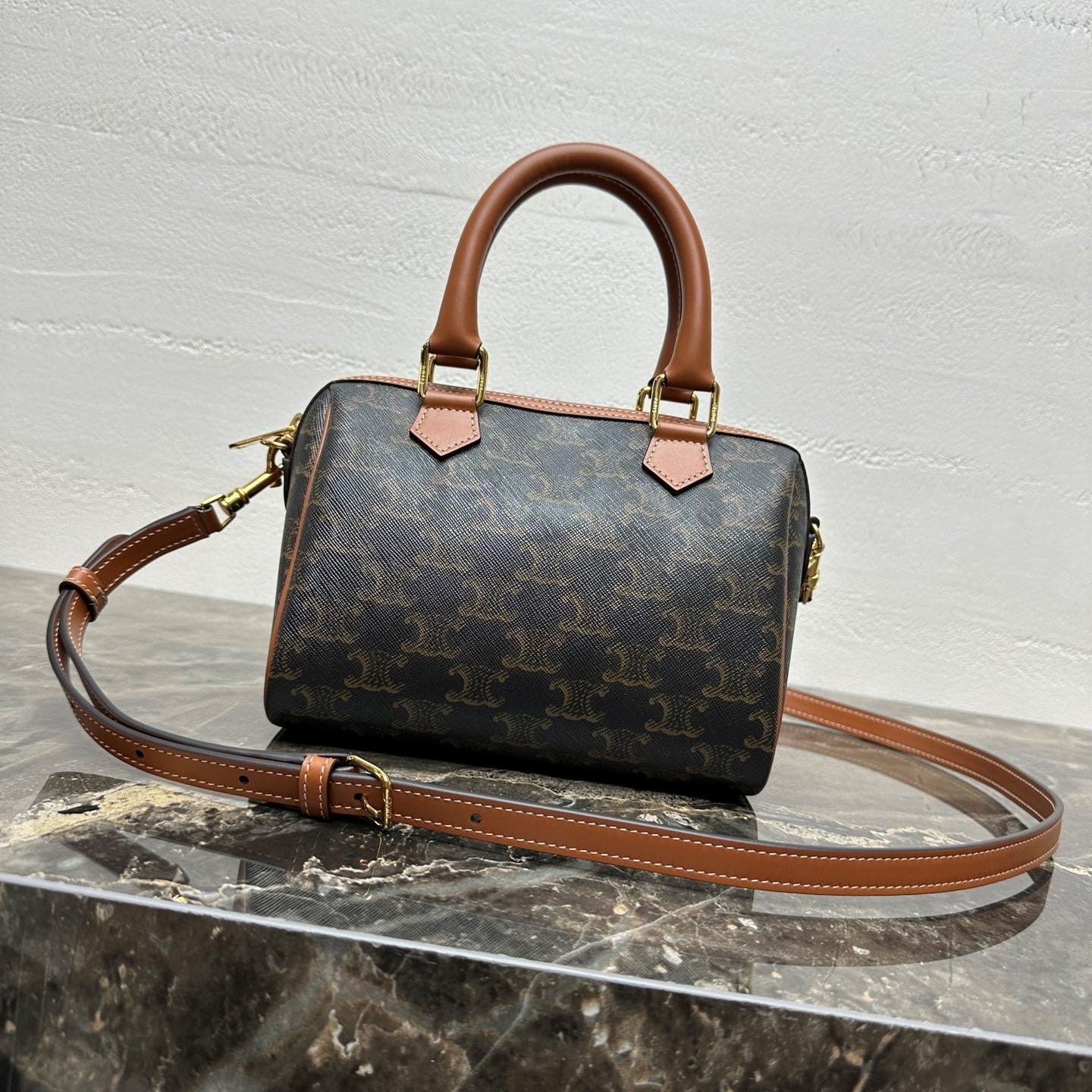 Celine Small Boston Bag In The Triomphe Canvas And Tan Calfskin