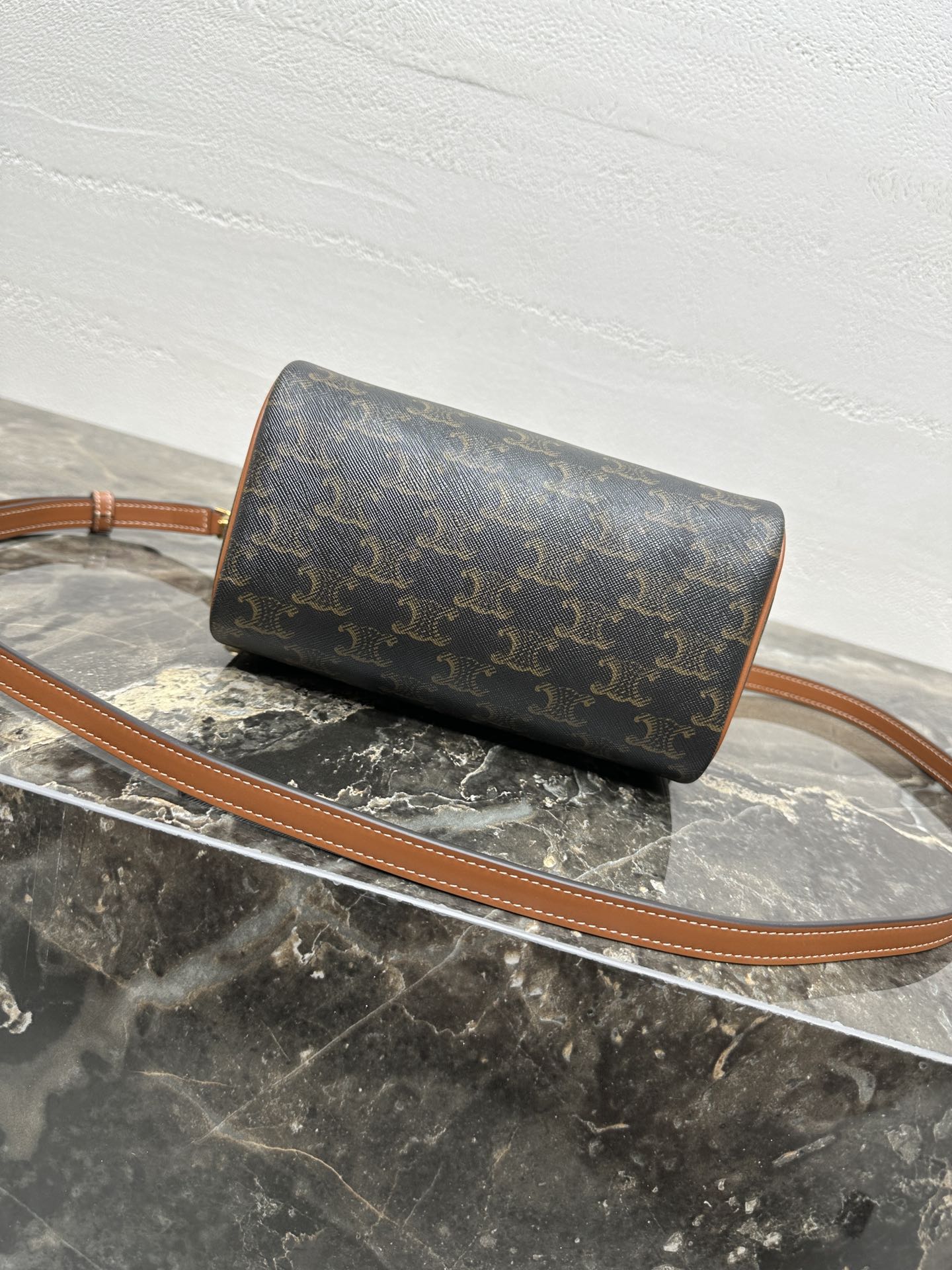 Celine Small Boston Bag In The Triomphe Canvas And Tan Calfskin