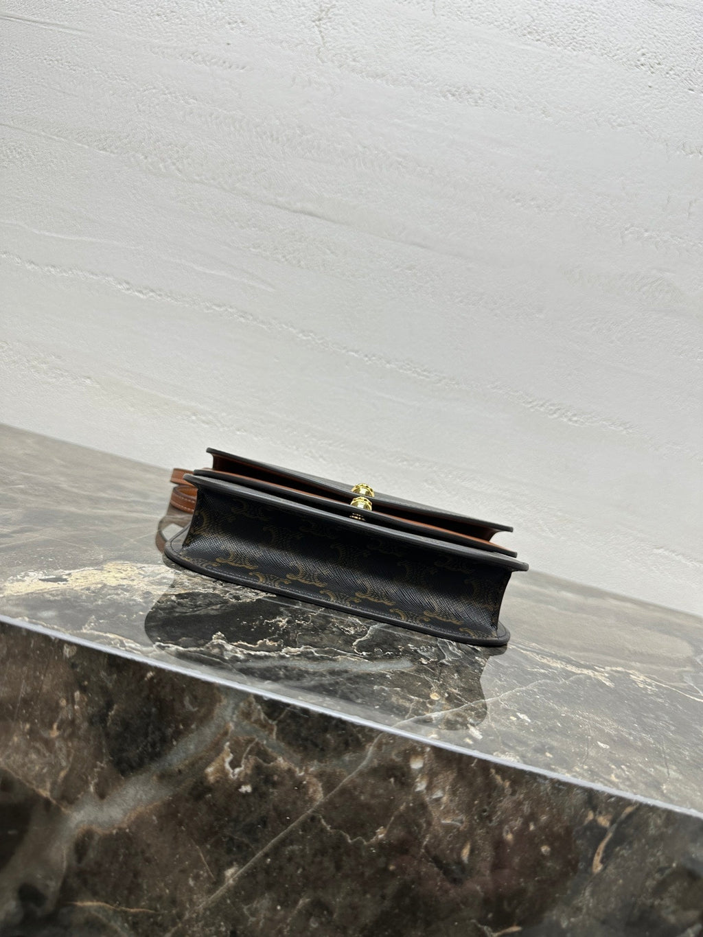 Celin Duo Wallet On Strap Triomphe Brown Black Canvas and Calfskin