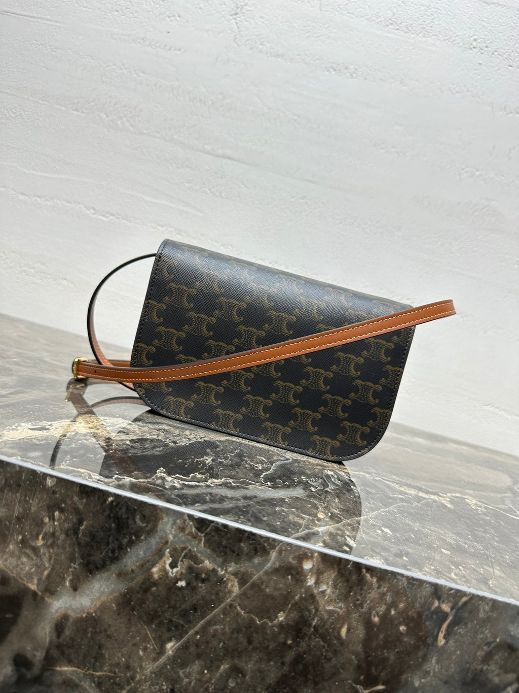 Celin Duo Wallet On Strap Triomphe Brown Black Canvas and Calfskin