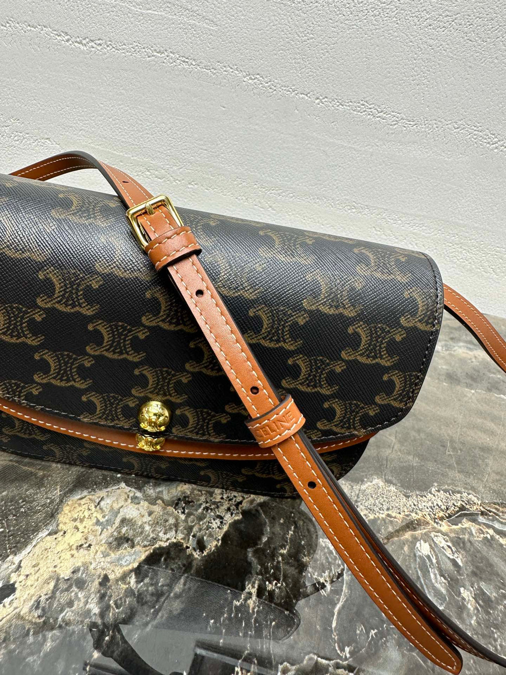 Celin Duo Wallet On Strap Triomphe Brown Black Canvas and Calfskin