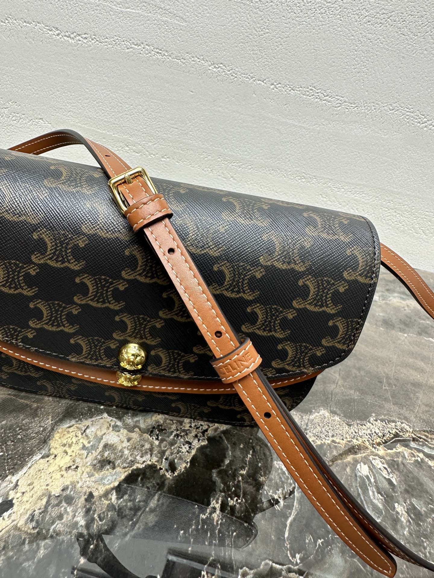 Celin Duo Wallet On Strap Triomphe Brown Black Canvas and Calfskin