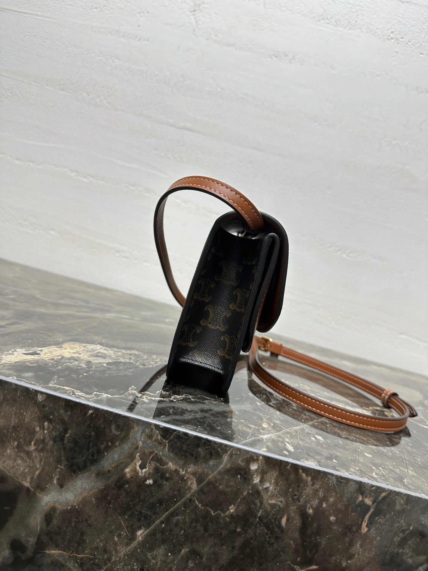 Celin Duo Wallet On Strap Triomphe Brown Black Canvas and Calfskin