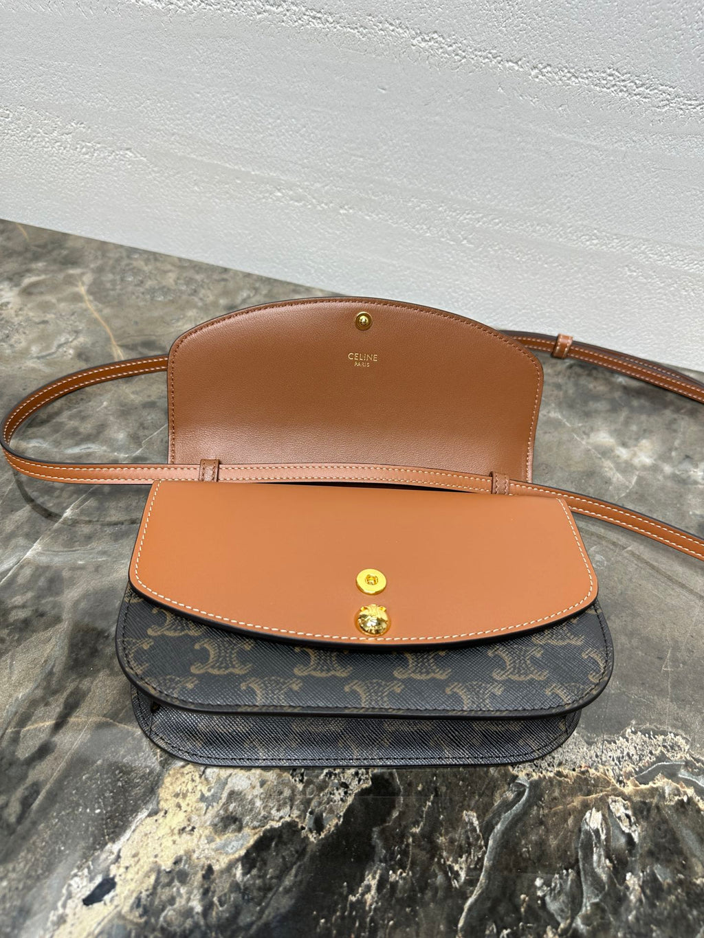 Celin Duo Wallet On Strap Triomphe Brown Black Canvas and Calfskin