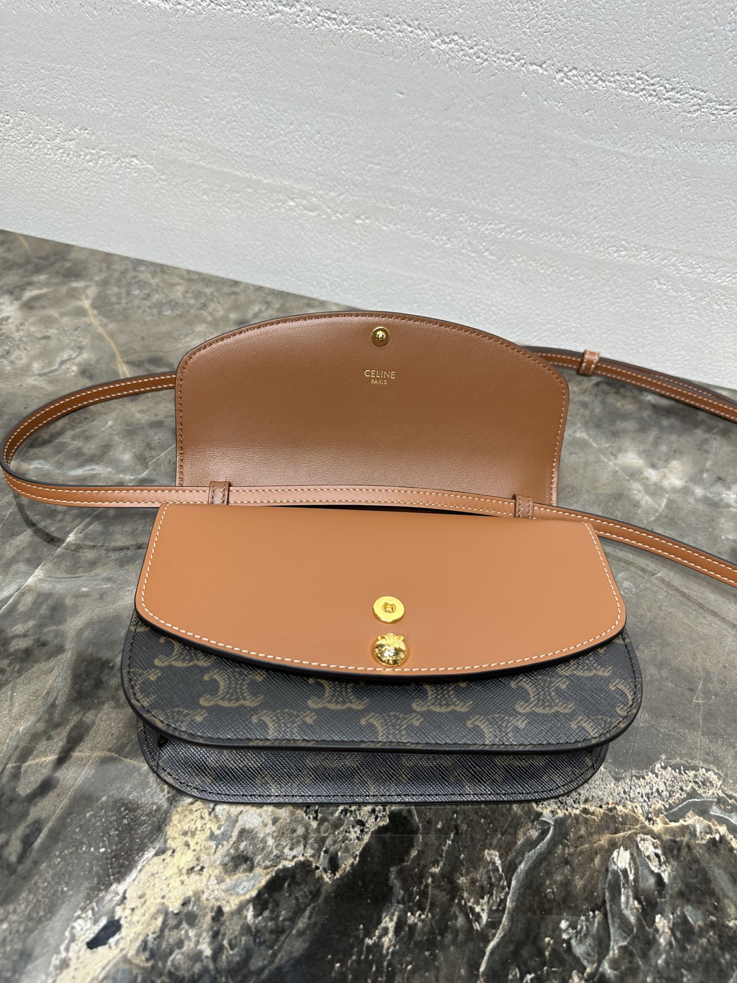 Celin Duo Wallet On Strap Triomphe Brown Black Canvas and Calfskin