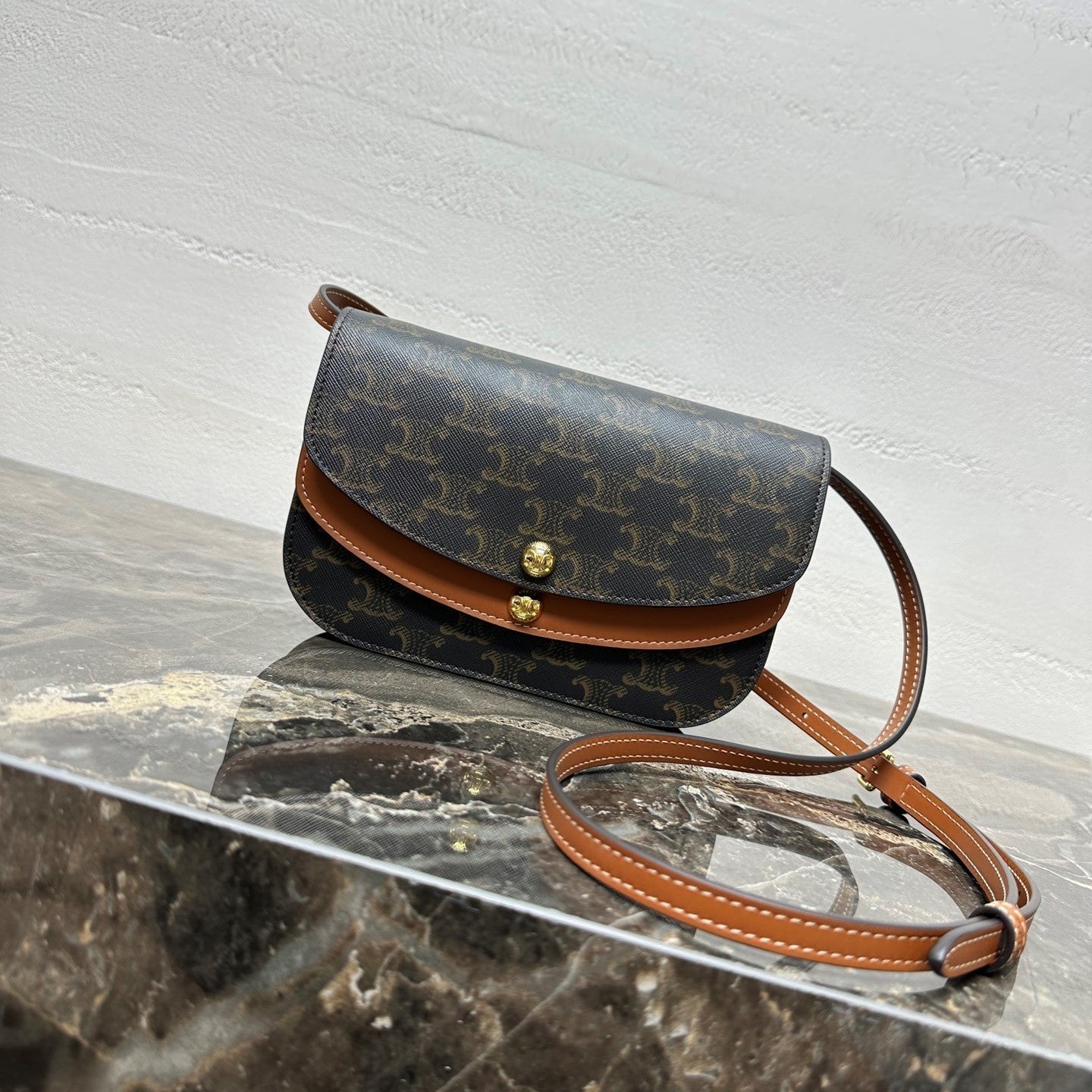 Celin Duo Wallet On Strap Triomphe Brown Black Canvas and Calfskin