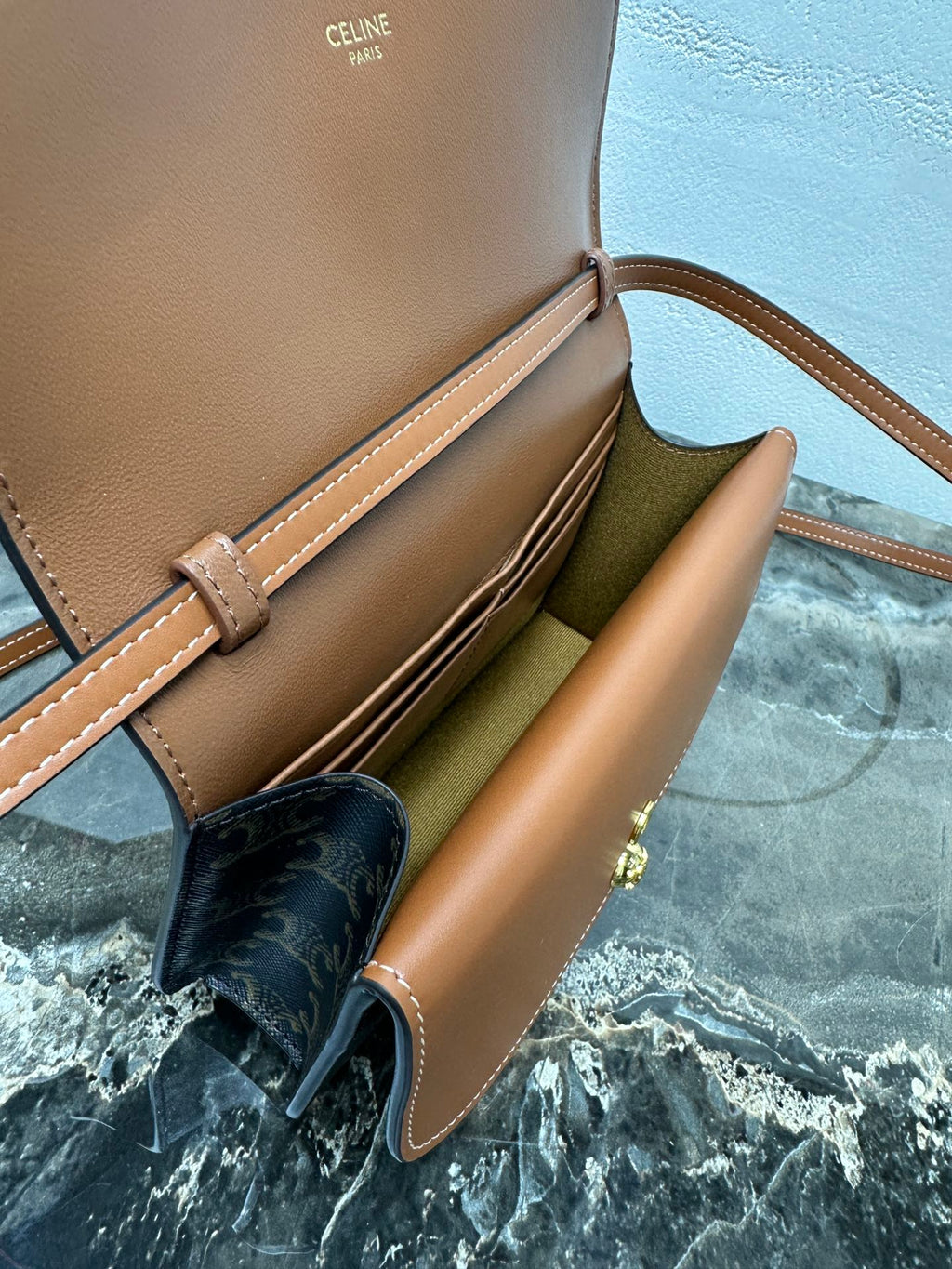 Celin Duo Wallet On Strap Triomphe Brown Black Canvas and Calfskin