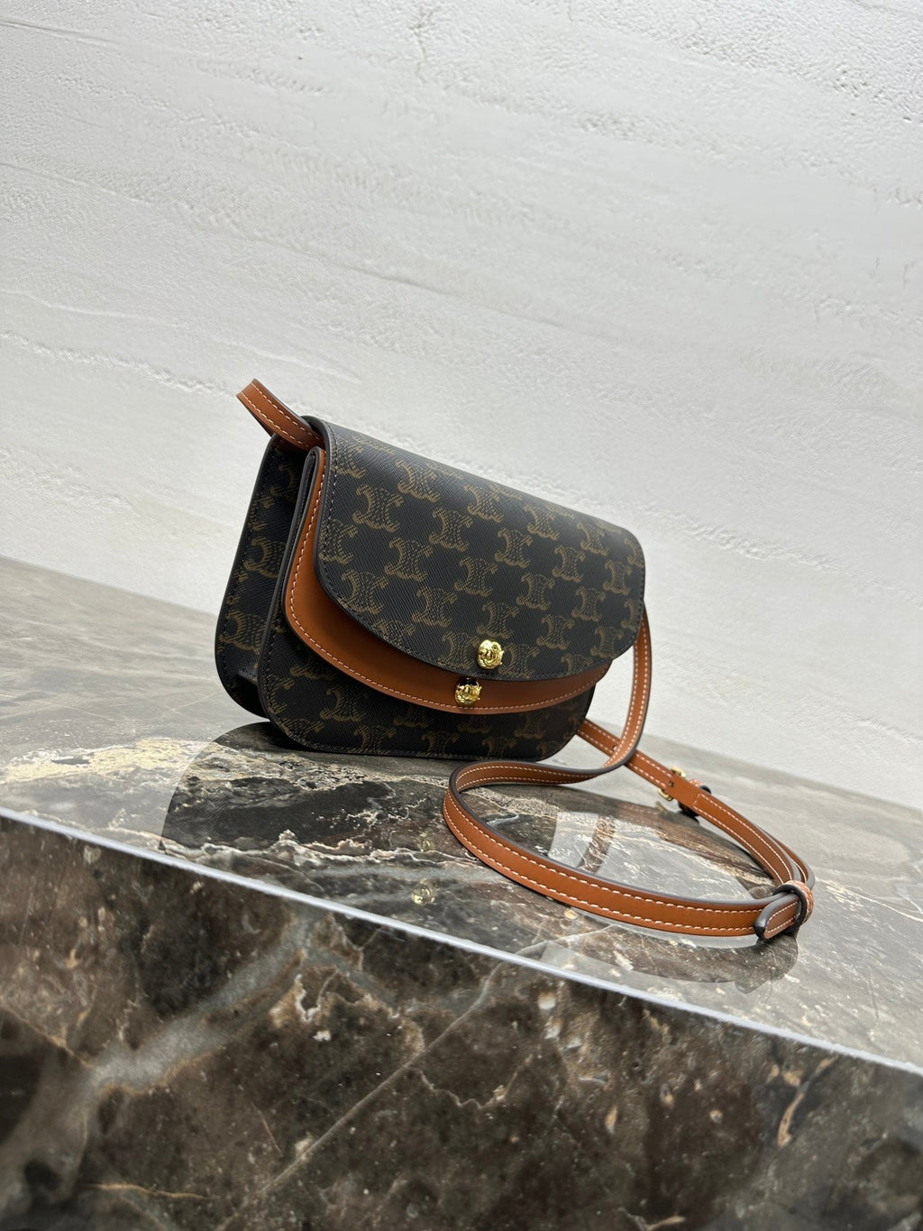 Celin Duo Wallet On Strap Triomphe Brown Black Canvas and Calfskin