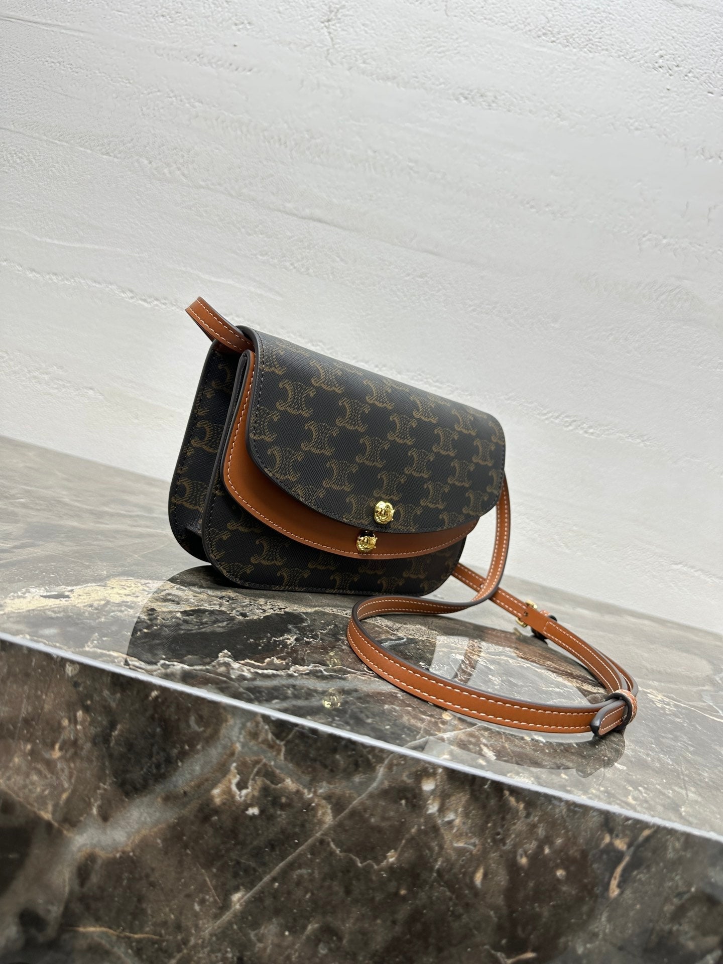 Celin Duo Wallet On Strap Triomphe Brown Black Canvas and Calfskin