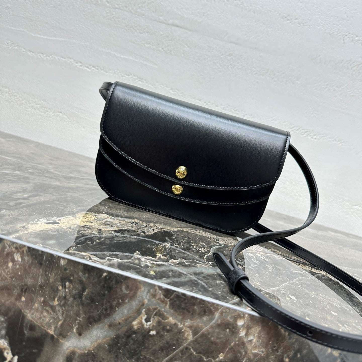 Celin Duo Wallet On Strap Triomphe Black Calfskin
