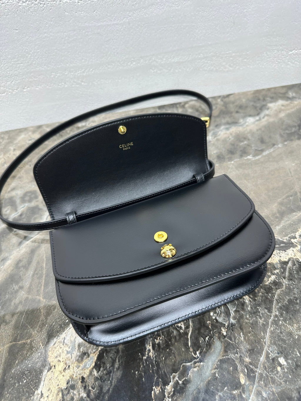 Celin Duo Wallet On Strap Triomphe Black Calfskin