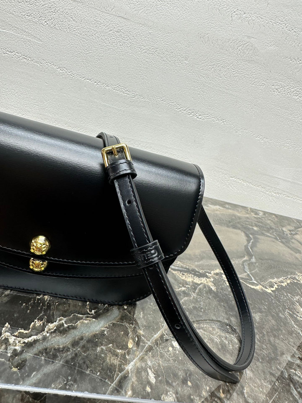Celin Duo Wallet On Strap Triomphe Black Calfskin