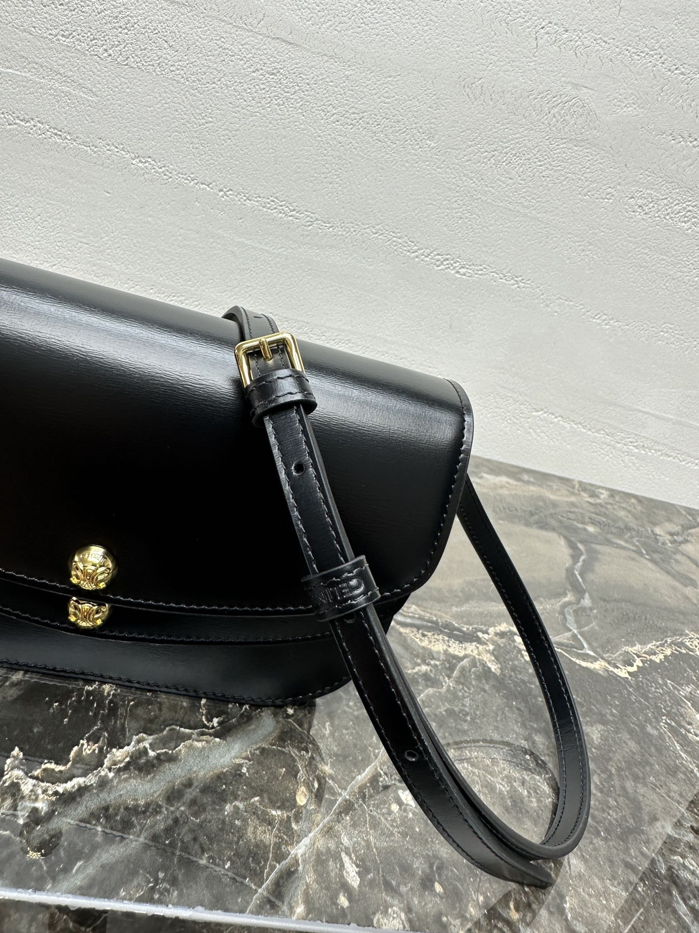 Celin Duo Wallet On Strap Triomphe Black Calfskin