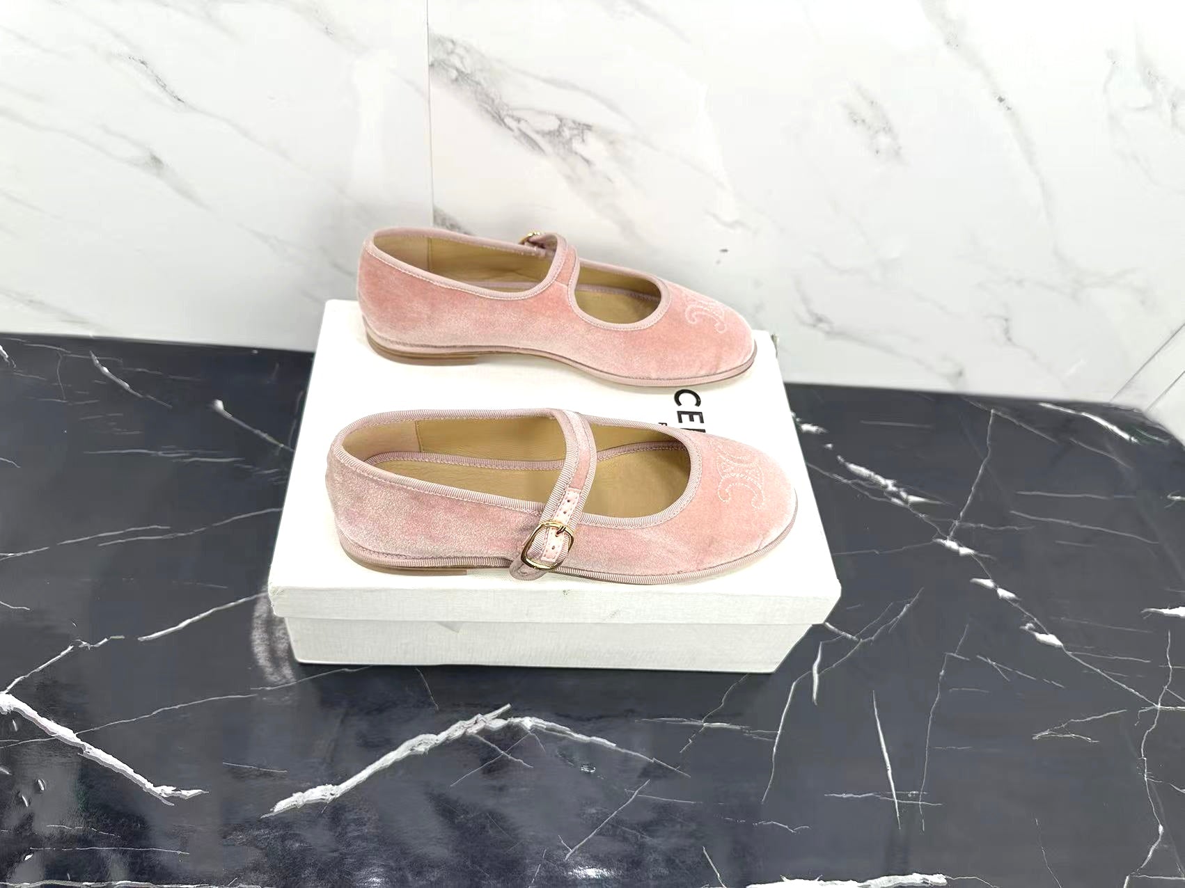 Celine 25 Eve Triomphe Ballet Flat Pink Velvet 547724