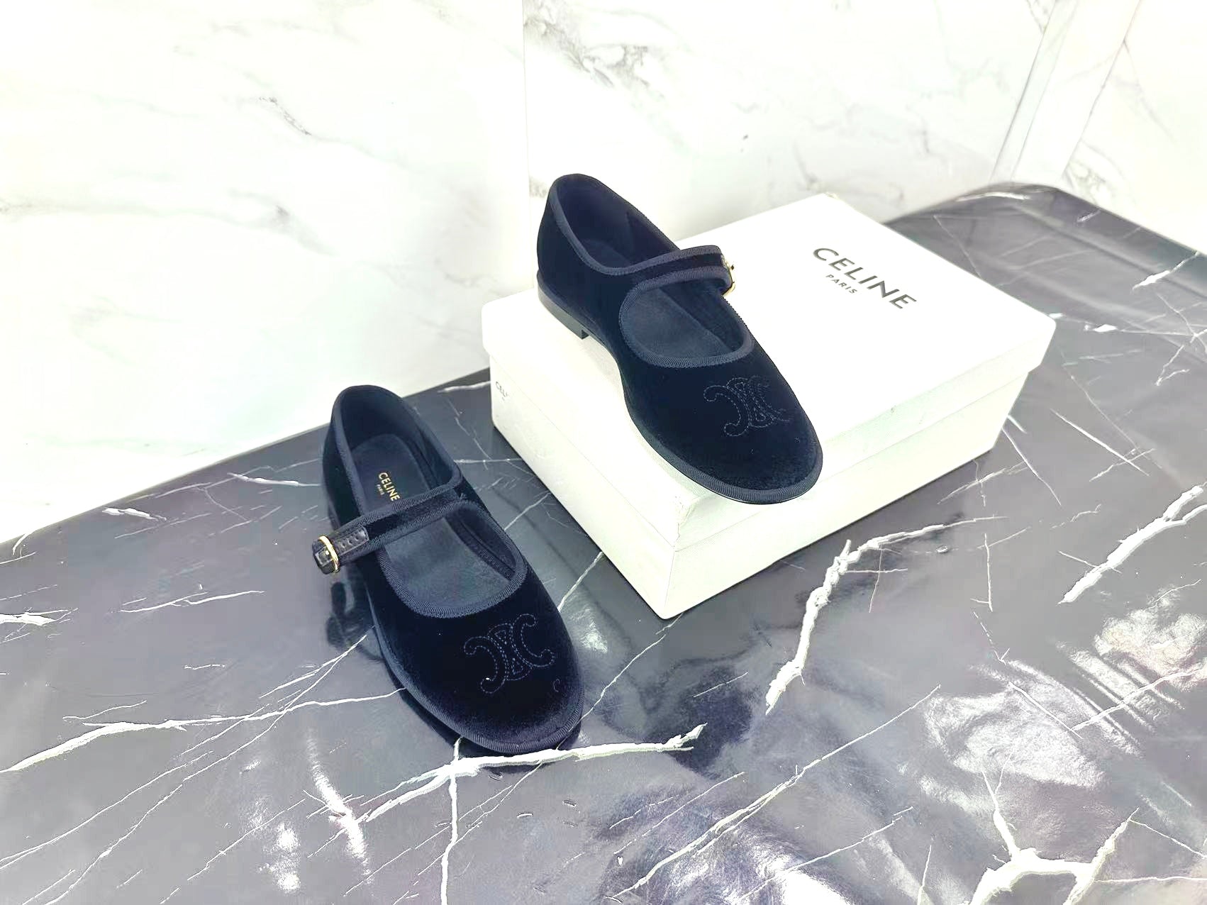 Celine 25 Eve Triomphe Ballet Flat Blue Velvet 547726