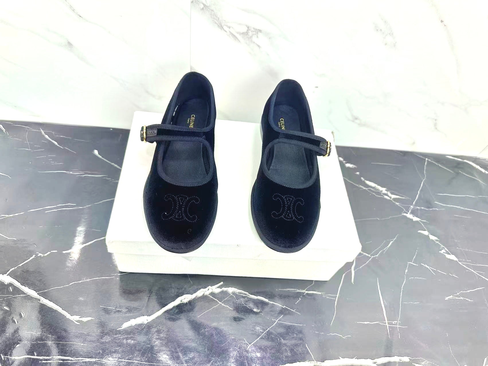 Celine 25 Eve Triomphe Ballet Flat Blue Velvet 547726