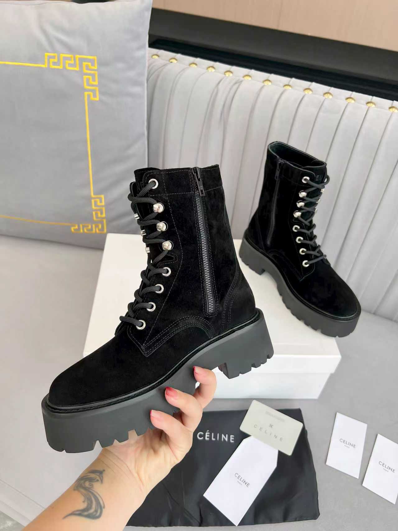 Celine 25s Triomphe Rangers Mid Lace-Up Boot Black Suede